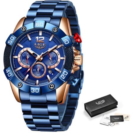 LIGE New Fashion Blue Mens Watches Top Brand Luxury Clock Sports Chronograph Waterproof Quartz Watch Men-A1Smartshop