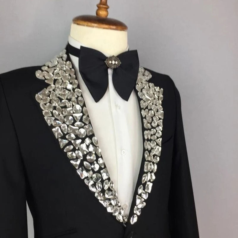 Black men's fashion party blazer with black rhinestones 2955
