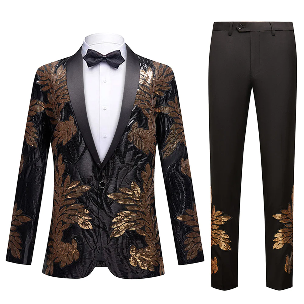 Sequin Golden Leaves Embroidery Tuxedo S8194