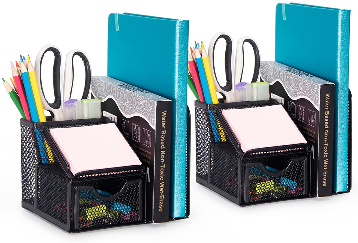 Comix Mesh Office Supplies Desk Organizer, Desktop Pencil Holder with Note Pad Holder- 2 pack Black