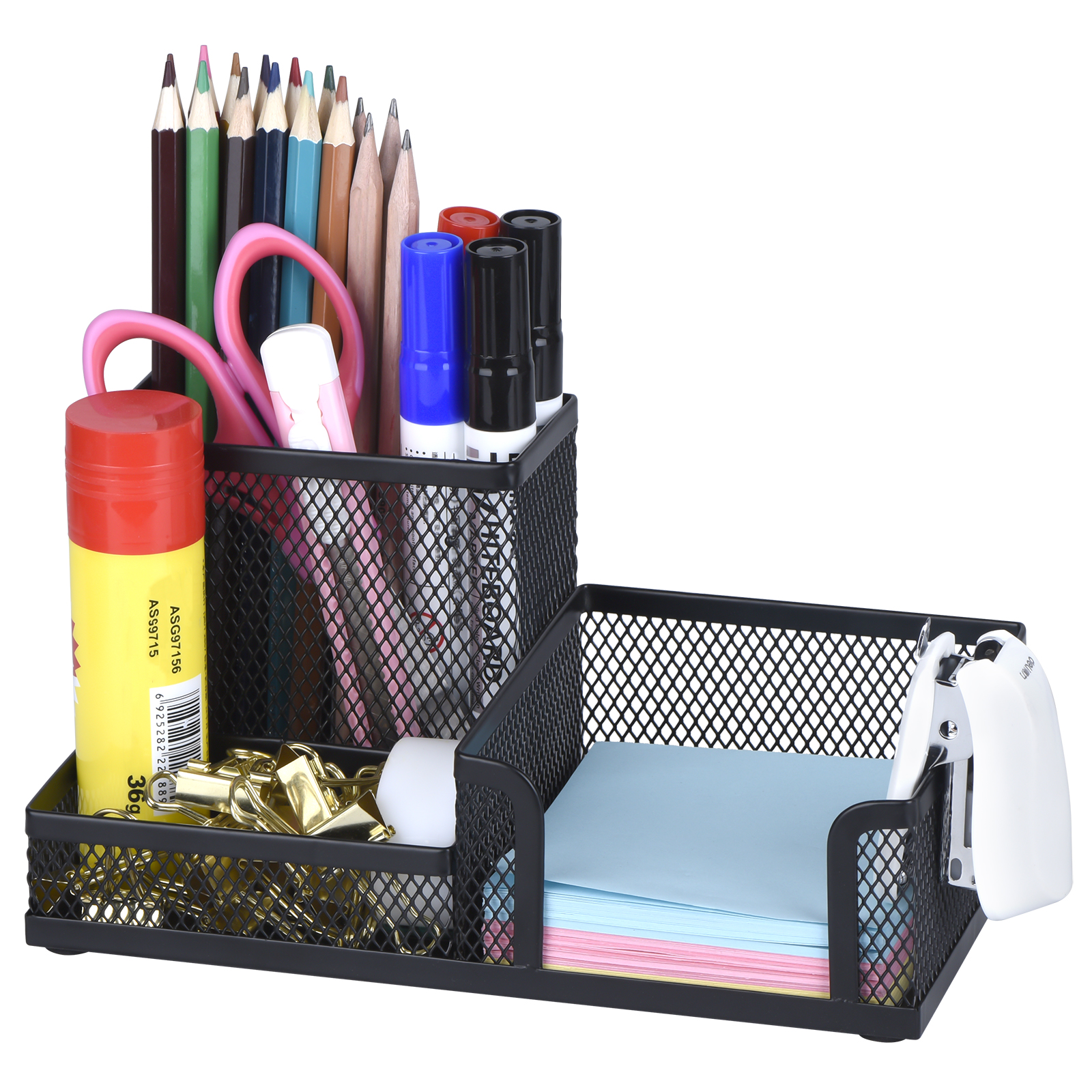 Comix Mesh Desk Organizer Office Supplies Caddy with Pencil Holder and Storage Baskets for Desktop Accessories, 3 Compartments, Black, B2061BK