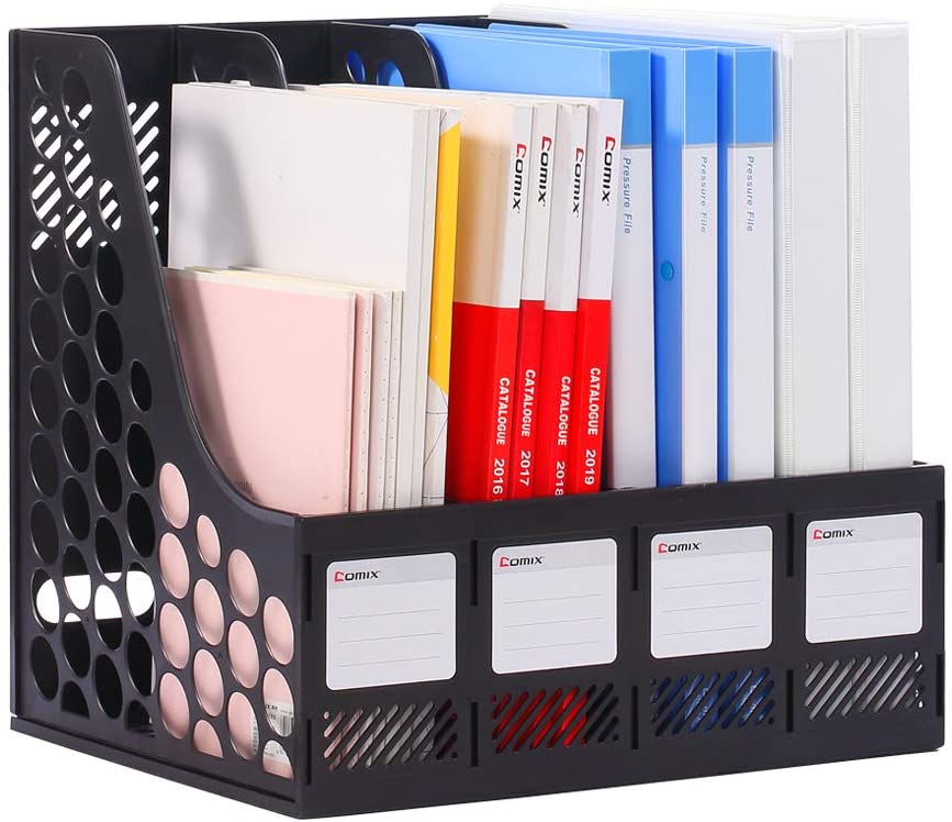 Comix Magazine File Holder, Sturdy Plastic Desk Organizers and Storage File Folder for Office Organization, Binder Organizer with 4 Compartments Storage Organiser Box, B2174BK