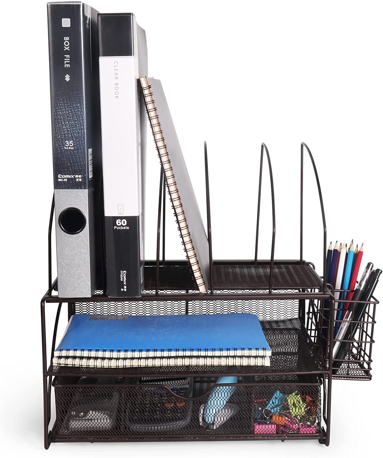 Comix Desk Organizer with Sliding Drawer 5 Upright Slot File Folder Storage Office Supplies for Workspace Home School