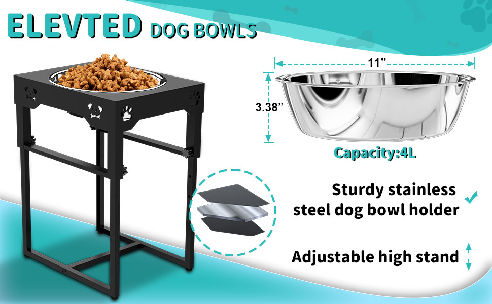 PawHut Elevated Dog Bowls for Large Dogs Pet Feeding Station with Stand,  Storage, 2 Stainless Steel Food and Water Bowls, Black, 23.5 x 12 x 14