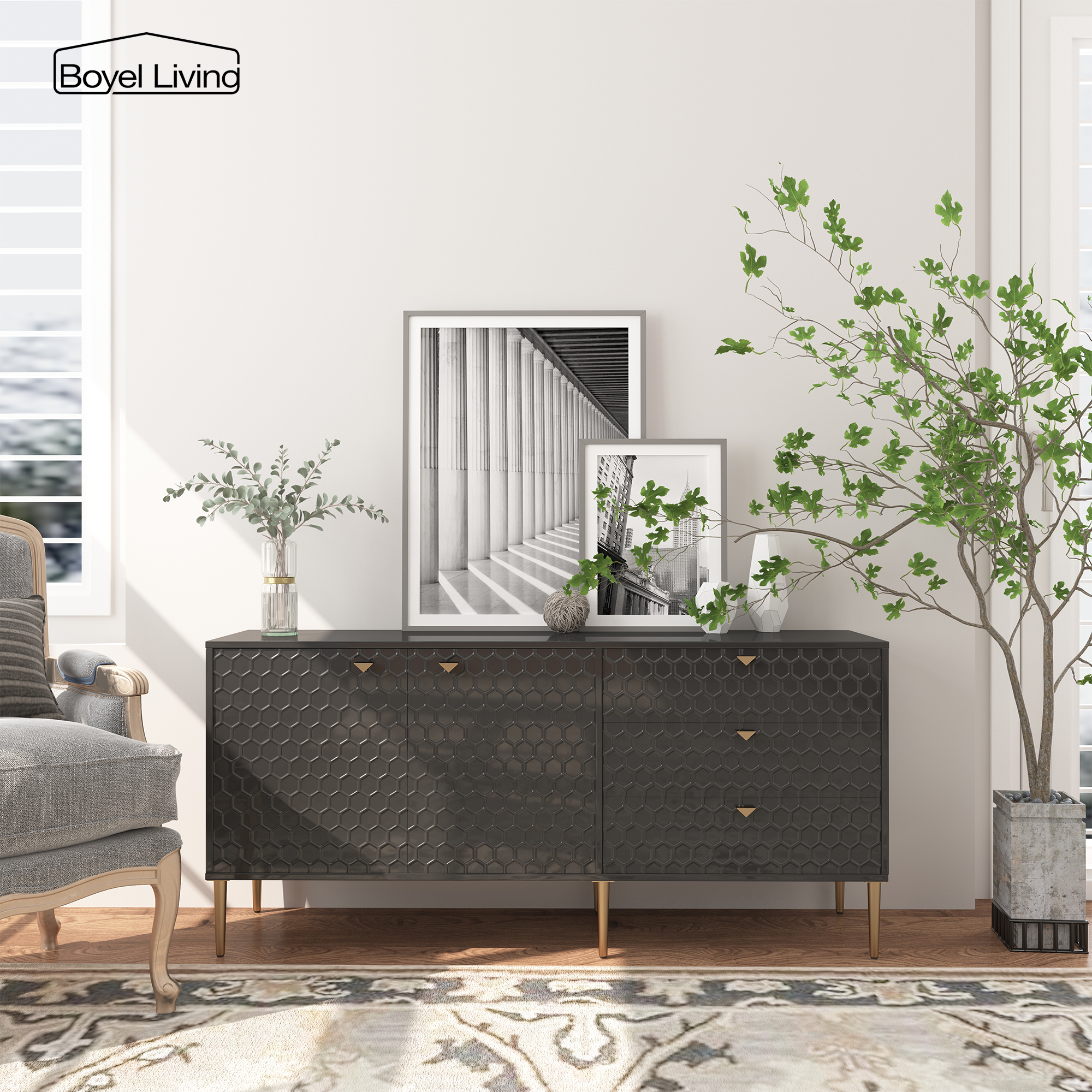 Boyel Living 2 Door Storage and 3 Drawers Three-dimensional Honeycomb Pattern TV Stands Cabinet MDF Sideboard