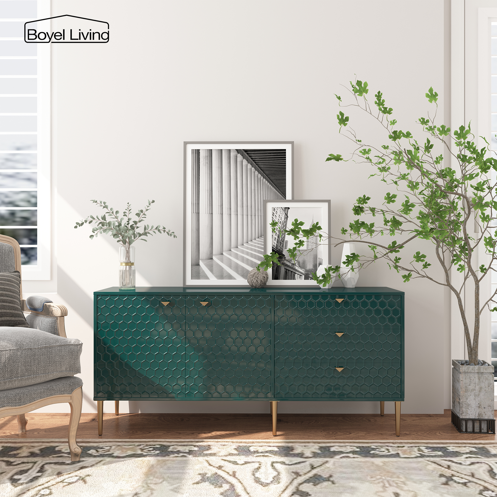 Boyel Living 2 Door Storage and 3 Drawers Three-dimensional Honeycomb Pattern TV Stands Cabinet MDF Sideboard