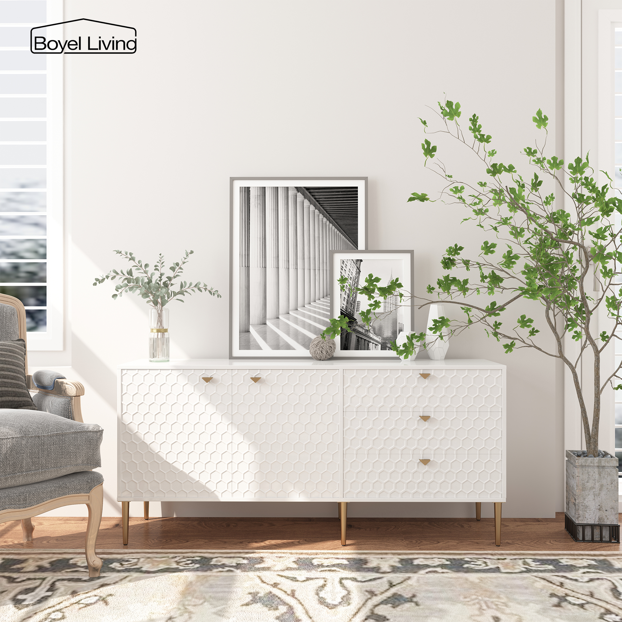 Boyel Living 2 Door Storage and 3 Drawers Three-dimensional Honeycomb Pattern TV Stands Cabinet MDF Sideboard