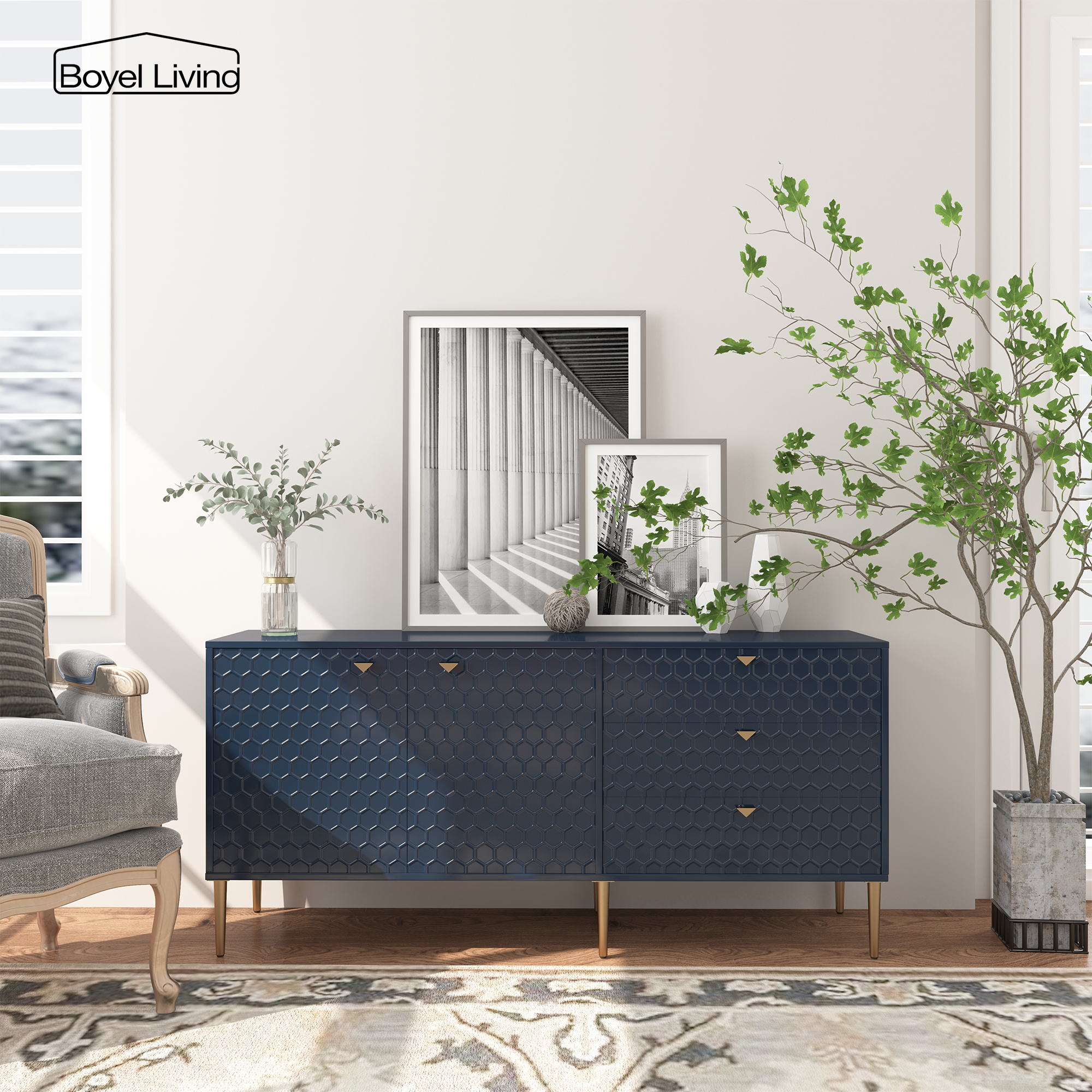Boyel Living 2 Door Storage and 3 Drawers Three-dimensional Honeycomb Pattern TV Stands Cabinet MDF Sideboard