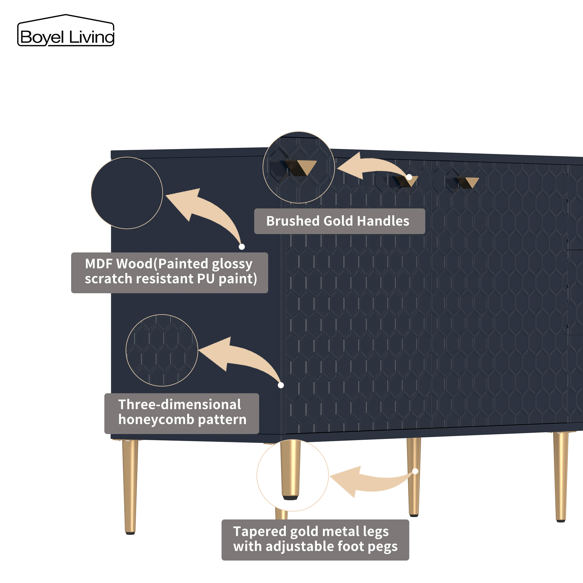 Boyel Living 2 Door Storage and 3 Drawers Three-dimensional Honeycomb Pattern TV Stands Cabinet MDF Sideboard