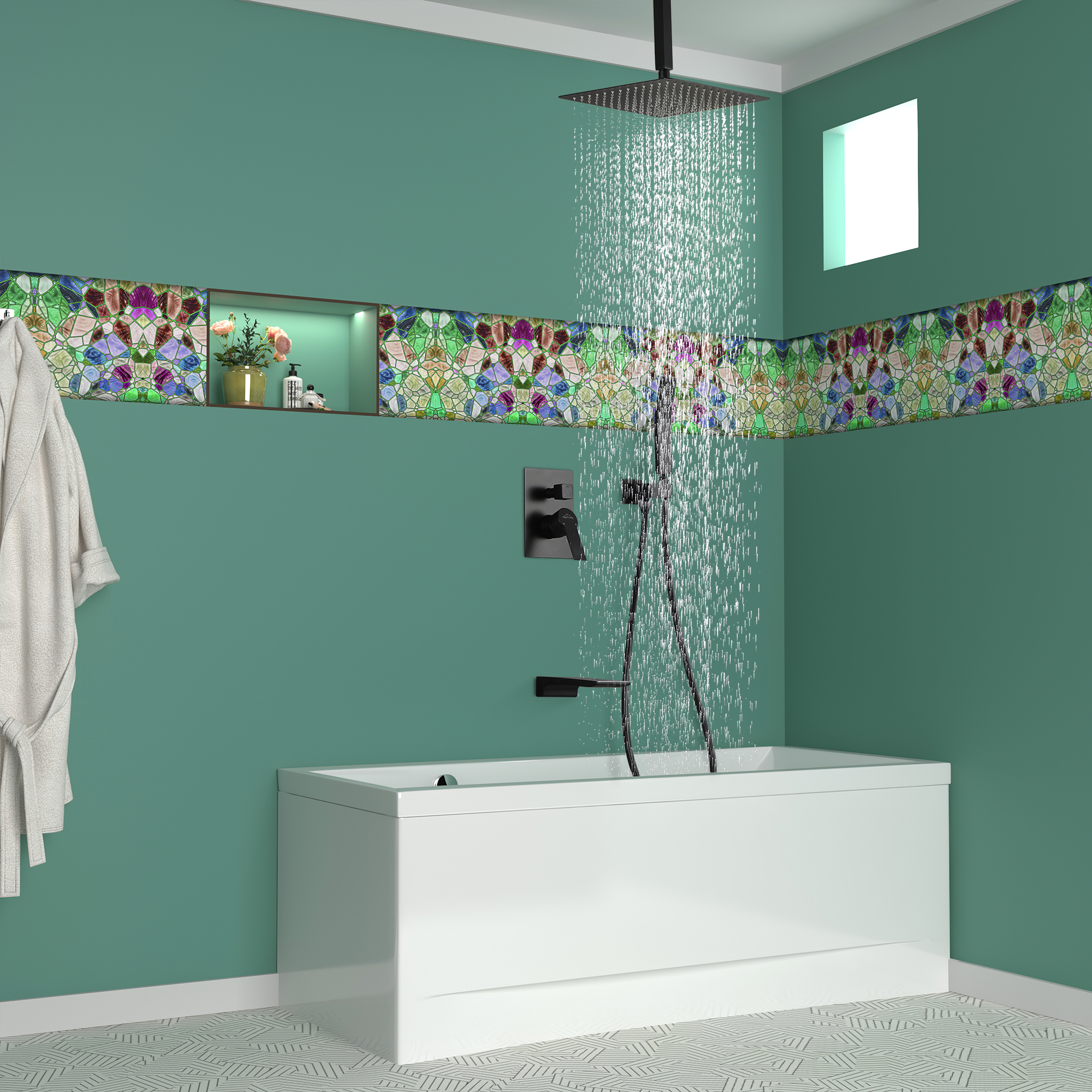 Ceiling Mount Single-Handle 1-Spray Tub and Shower Faucet with 12 in. Fixed Shower Head in Matte Black (Valve Included)