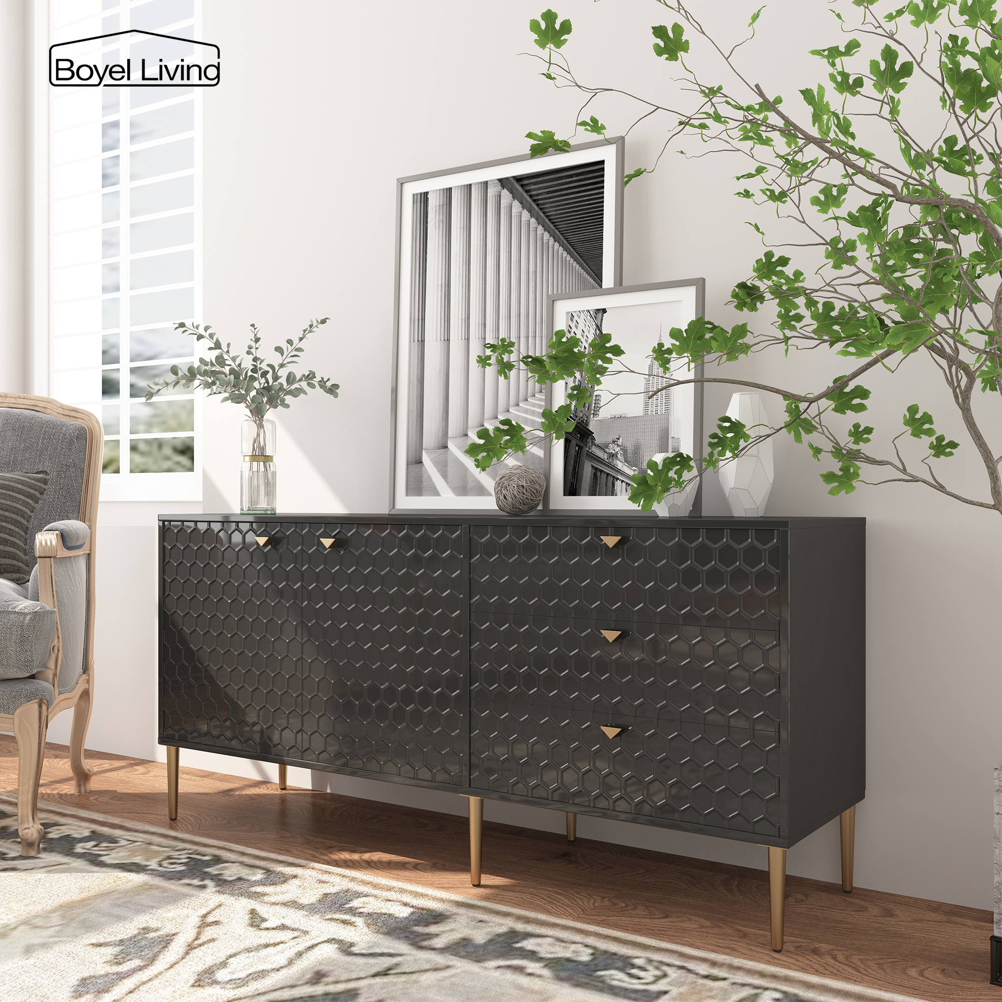 Boyel Living 2 Door Storage and 3 Drawers Three-dimensional Honeycomb Pattern TV Stands Cabinet MDF Sideboard