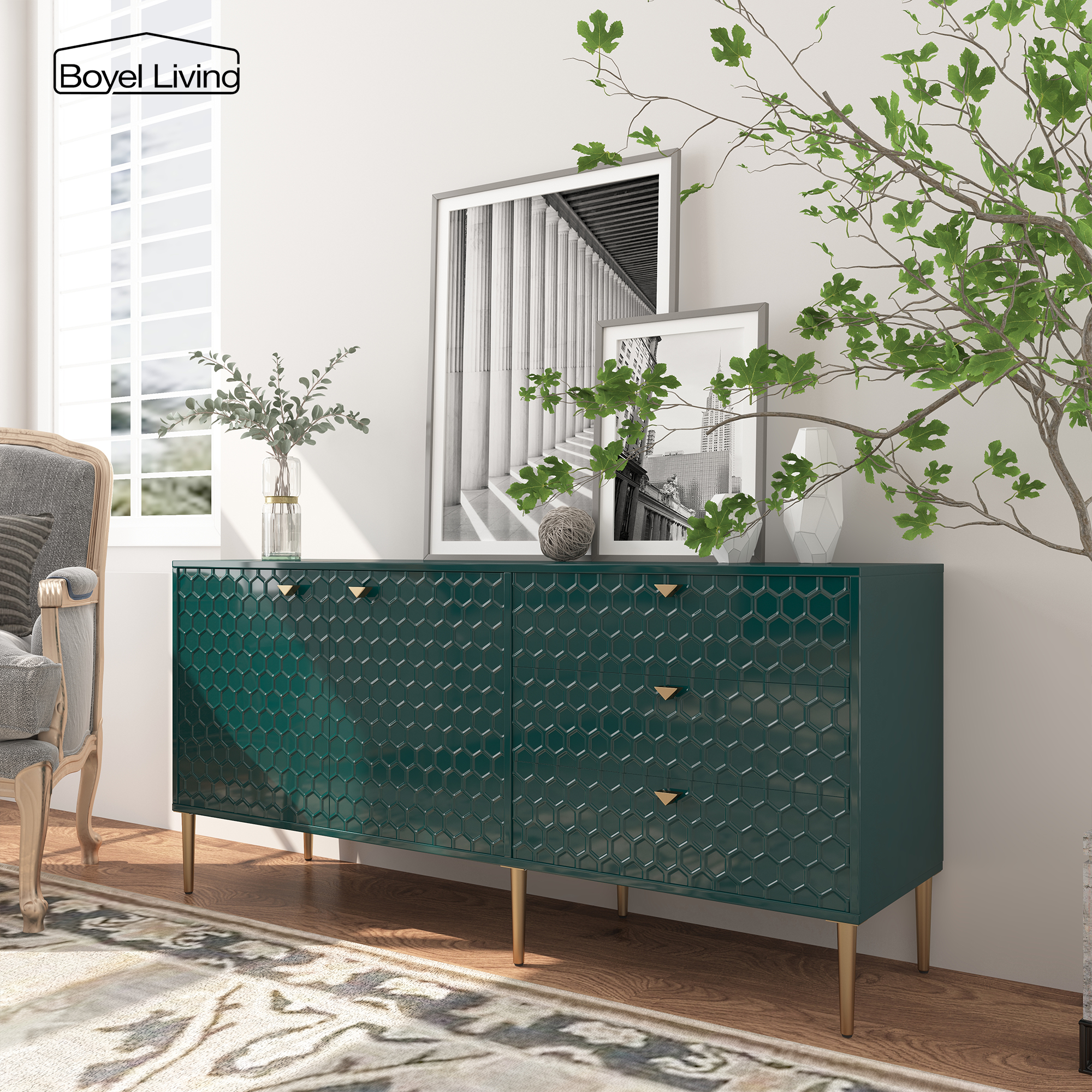Boyel Living 2 Door Storage and 3 Drawers Three-dimensional Honeycomb Pattern TV Stands Cabinet MDF Sideboard