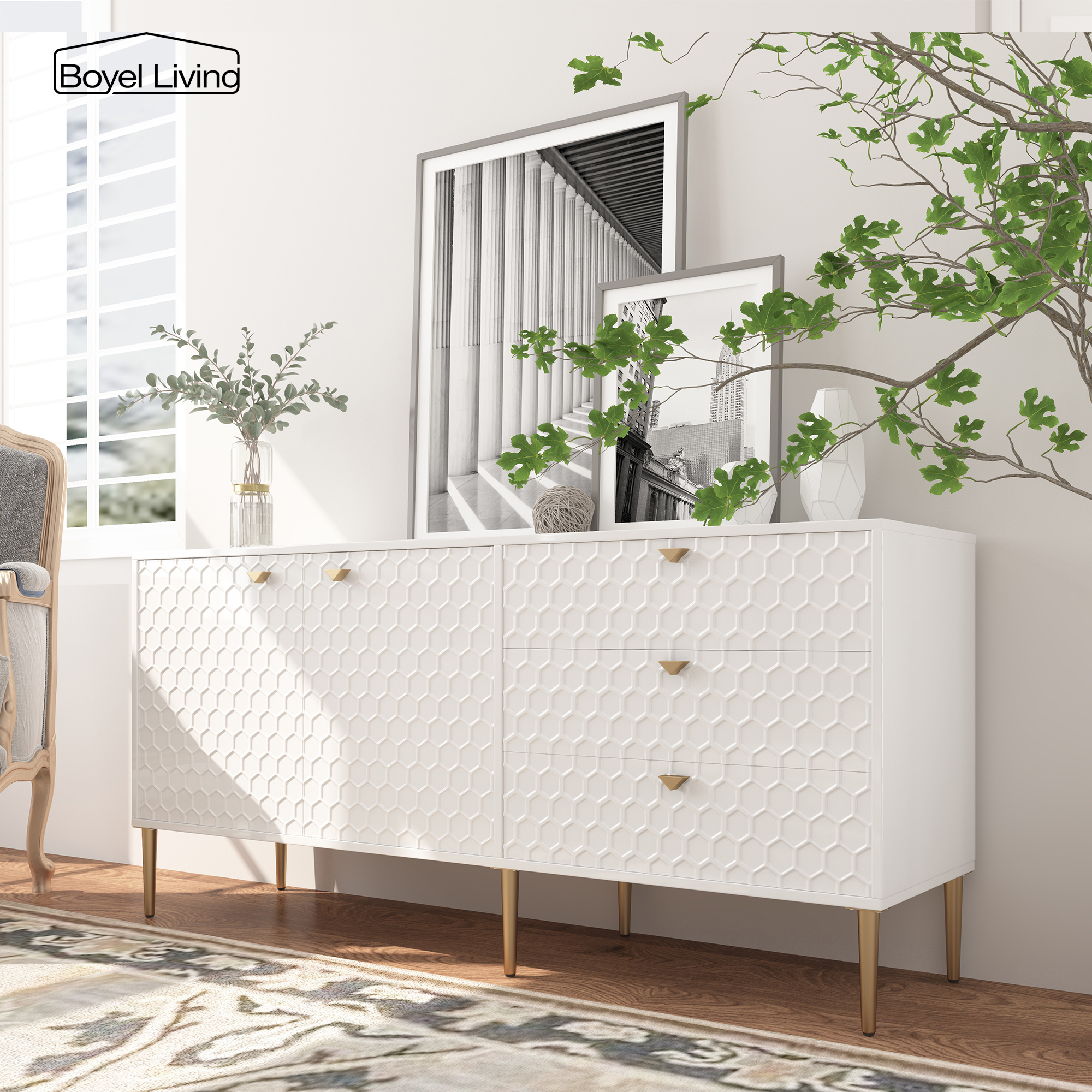 Boyel Living 2 Door Storage and 3 Drawers Three-dimensional Honeycomb Pattern TV Stands Cabinet MDF Sideboard