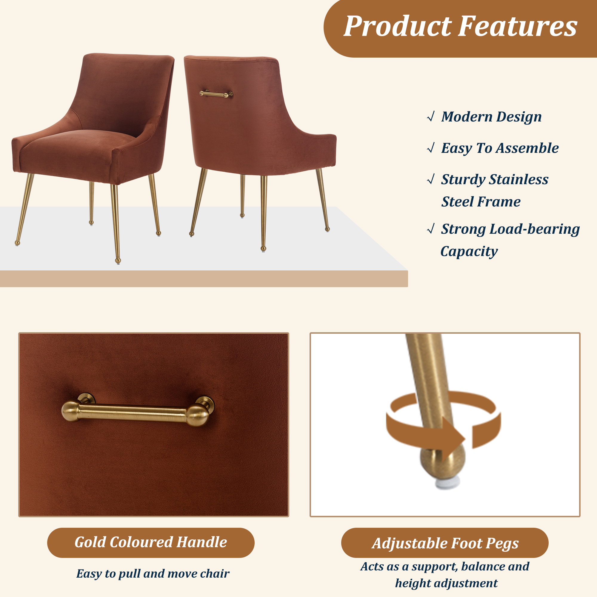 Velvet Dining Chair, Accent Side Chair With Adjustable Foot Nails, Set of 2