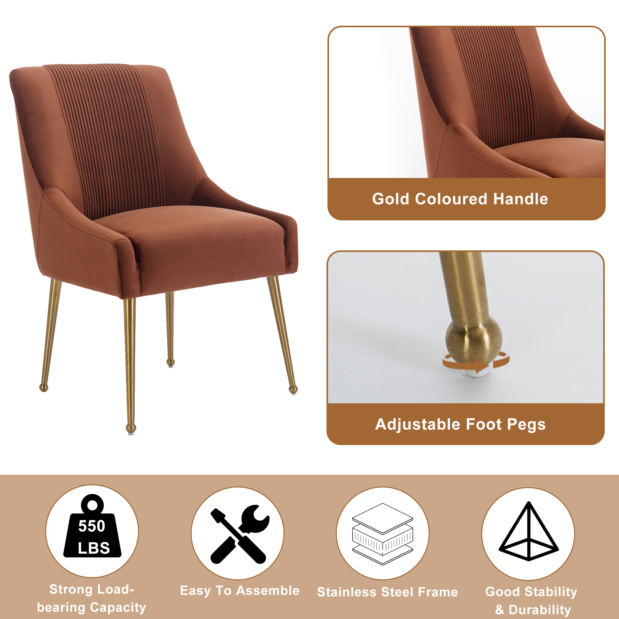 Velvet Dining Chair, Accent Side Chair With Adjustable Foot Nails, Set of 2