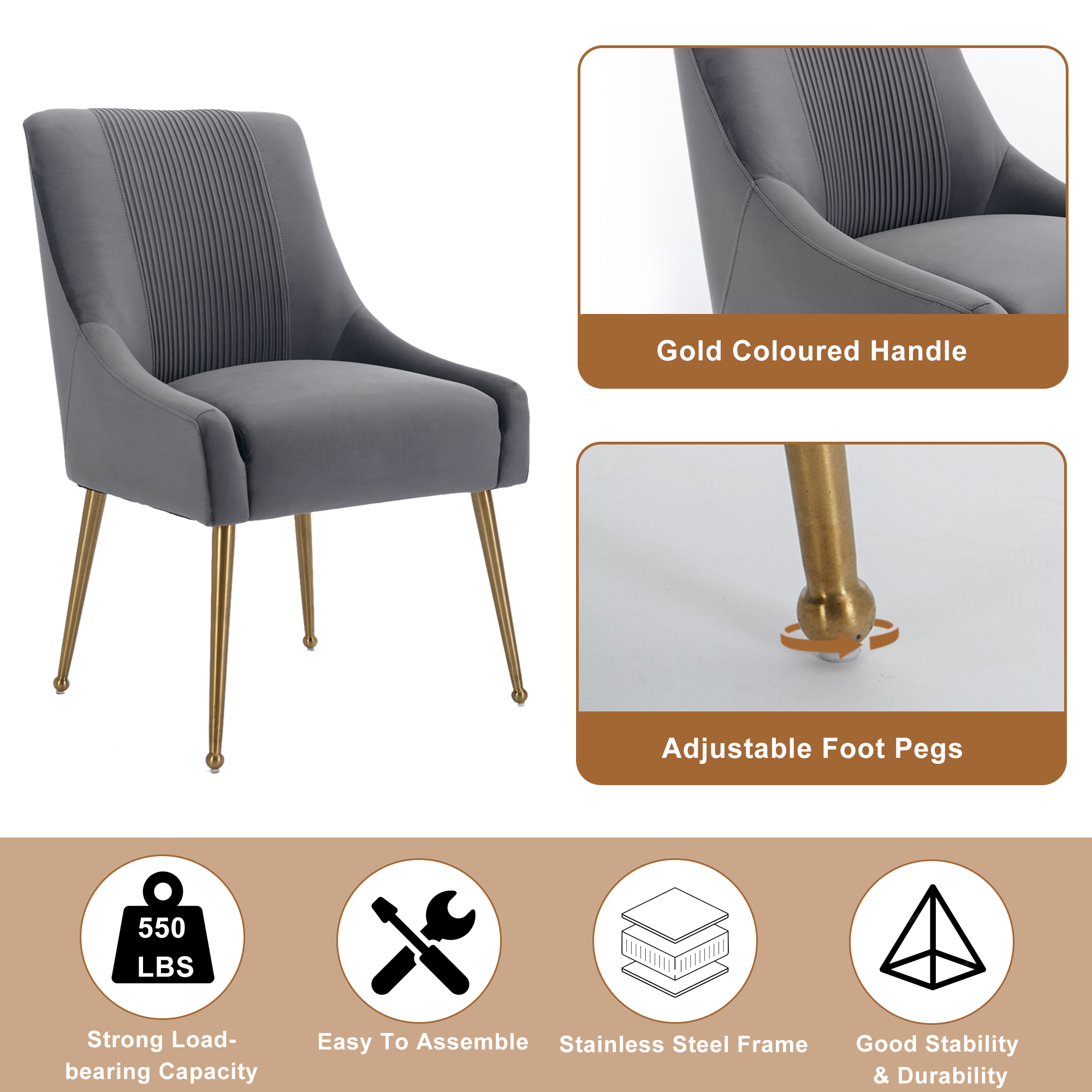 Velvet Dining Chair, Accent Side Chair With Adjustable Foot Nails, Set of 2