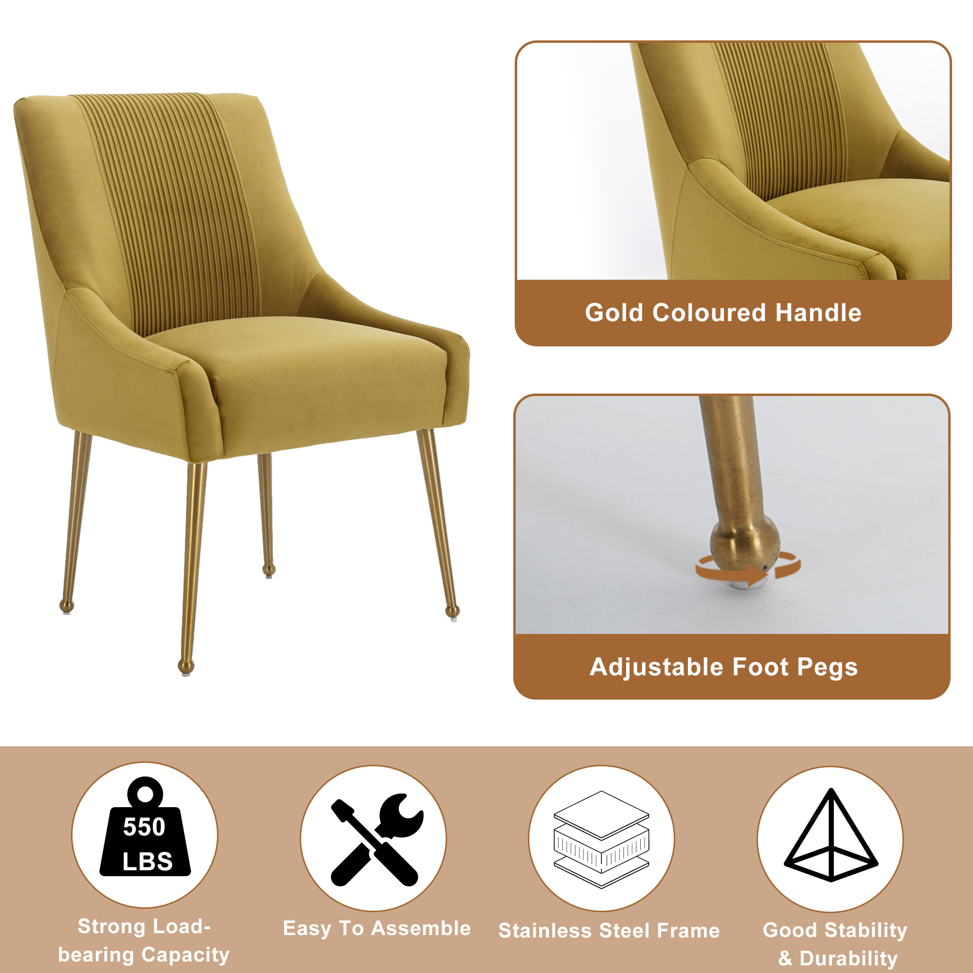 Velvet Dining Chair, Accent Side Chair With Adjustable Foot Nails, Set of 2