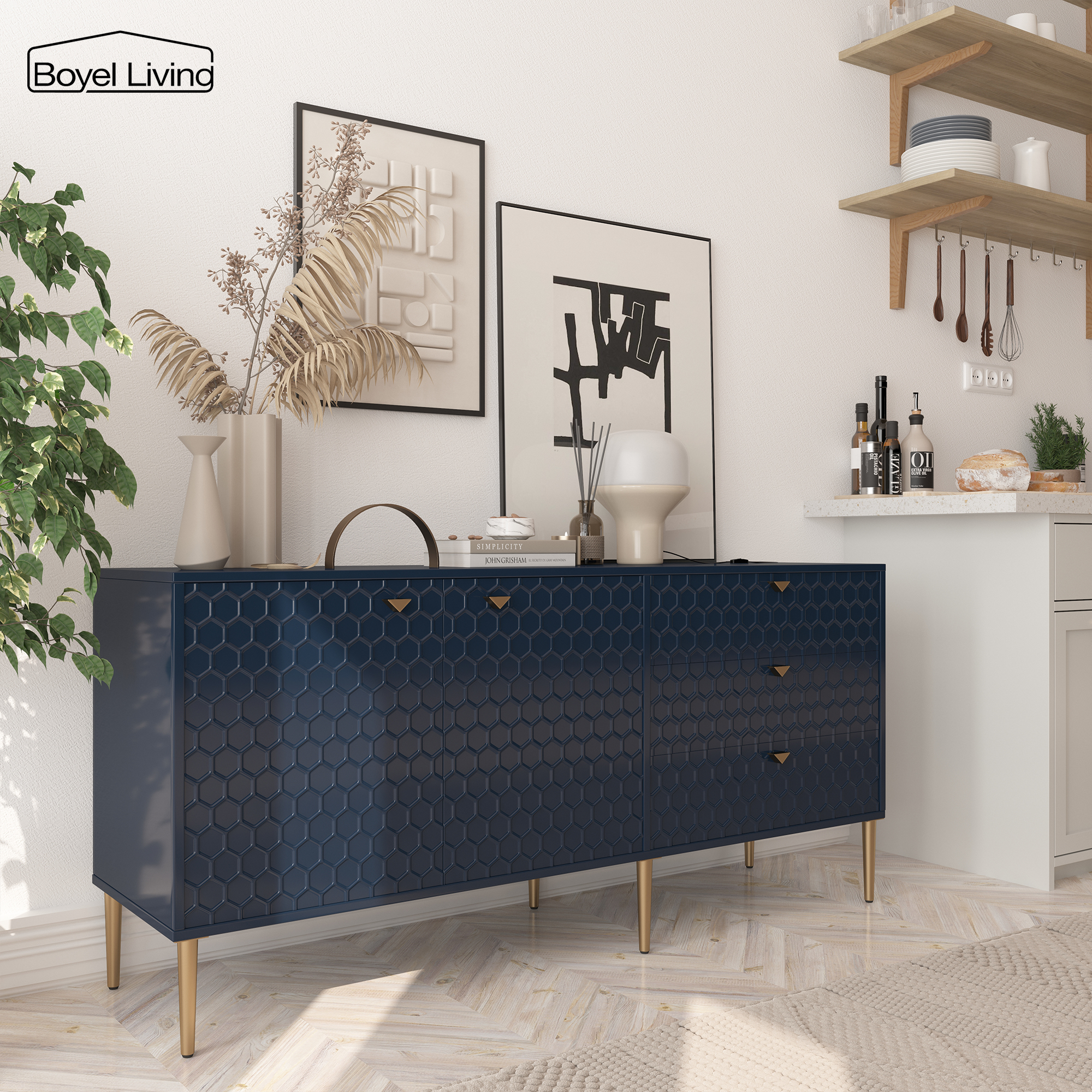 Boyel Living 2 Door Storage and 3 Drawers Three-dimensional Honeycomb Pattern TV Stands Cabinet MDF Sideboard