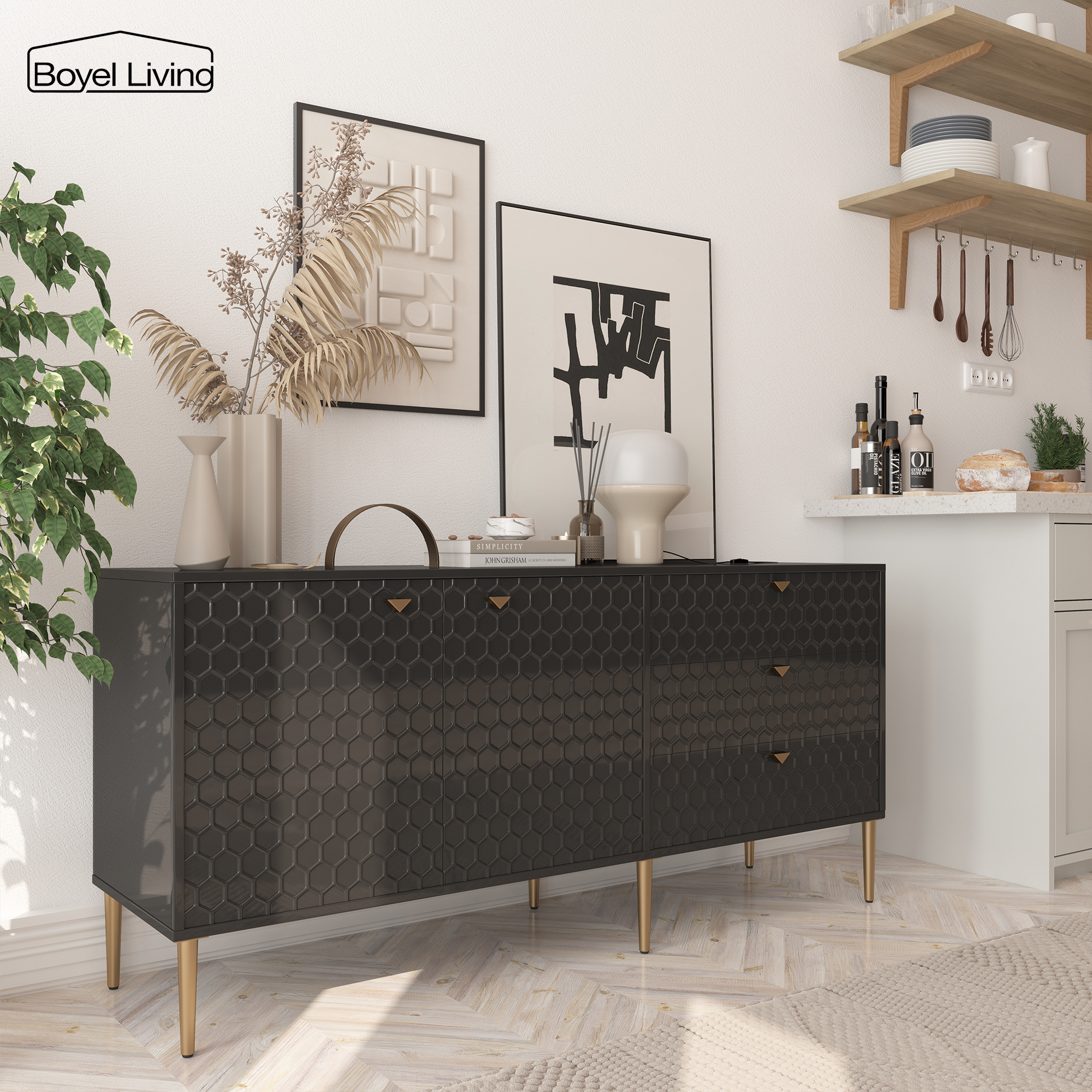 Boyel Living 2 Door Storage and 3 Drawers Three-dimensional Honeycomb Pattern TV Stands Cabinet MDF Sideboard