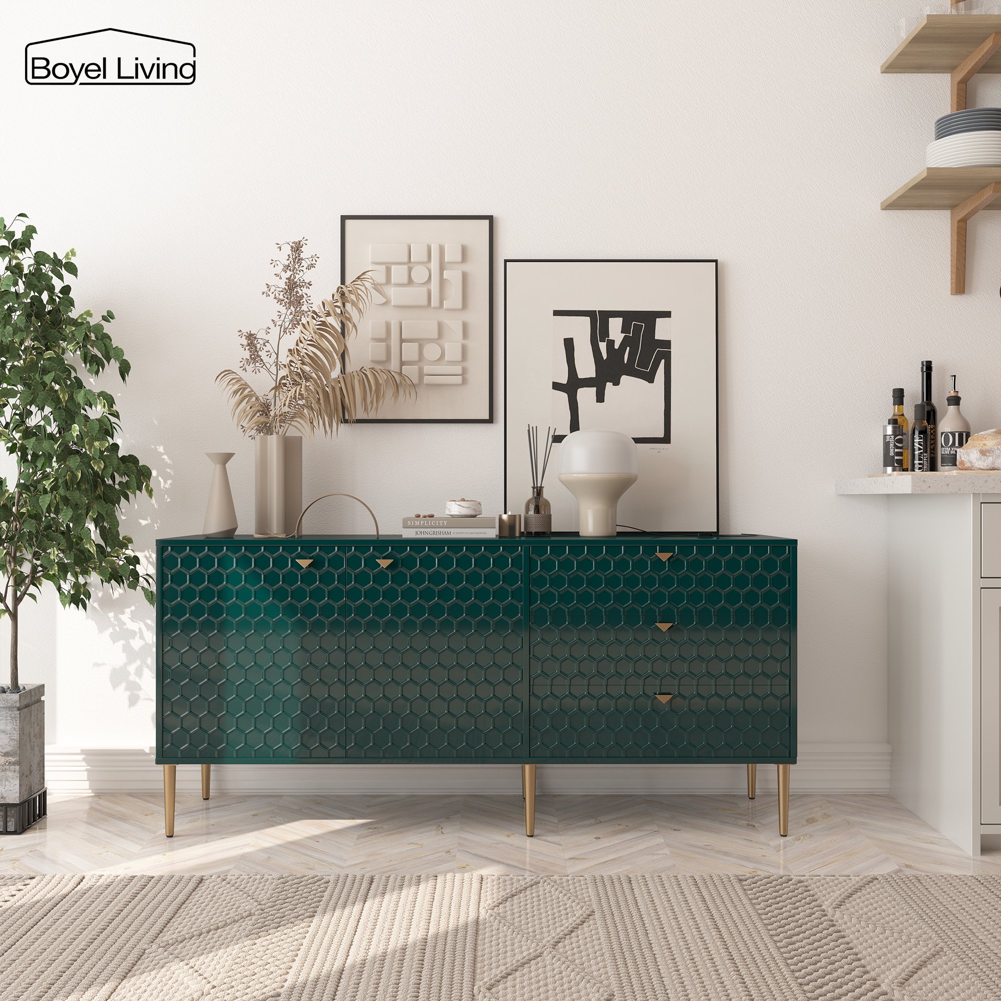 Boyel Living 2 Door Storage and 3 Drawers Three-dimensional Honeycomb Pattern TV Stands Cabinet MDF Sideboard