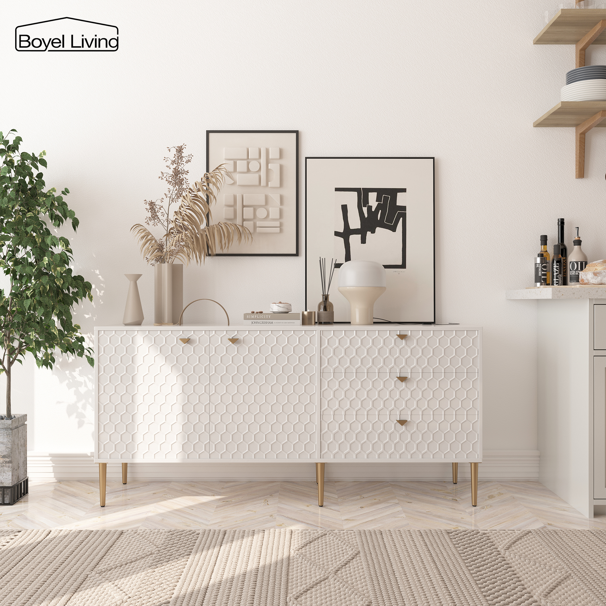 Boyel Living 2 Door Storage and 3 Drawers Three-dimensional Honeycomb Pattern TV Stands Cabinet MDF Sideboard
