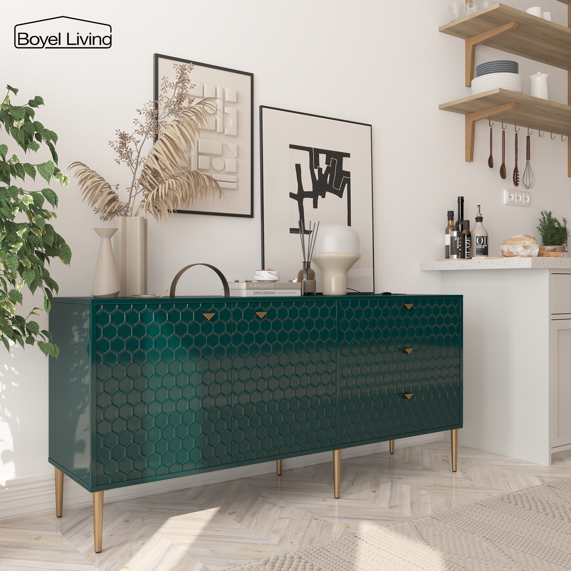 Boyel Living 2 Door Storage and 3 Drawers Three-dimensional Honeycomb Pattern TV Stands Cabinet MDF Sideboard