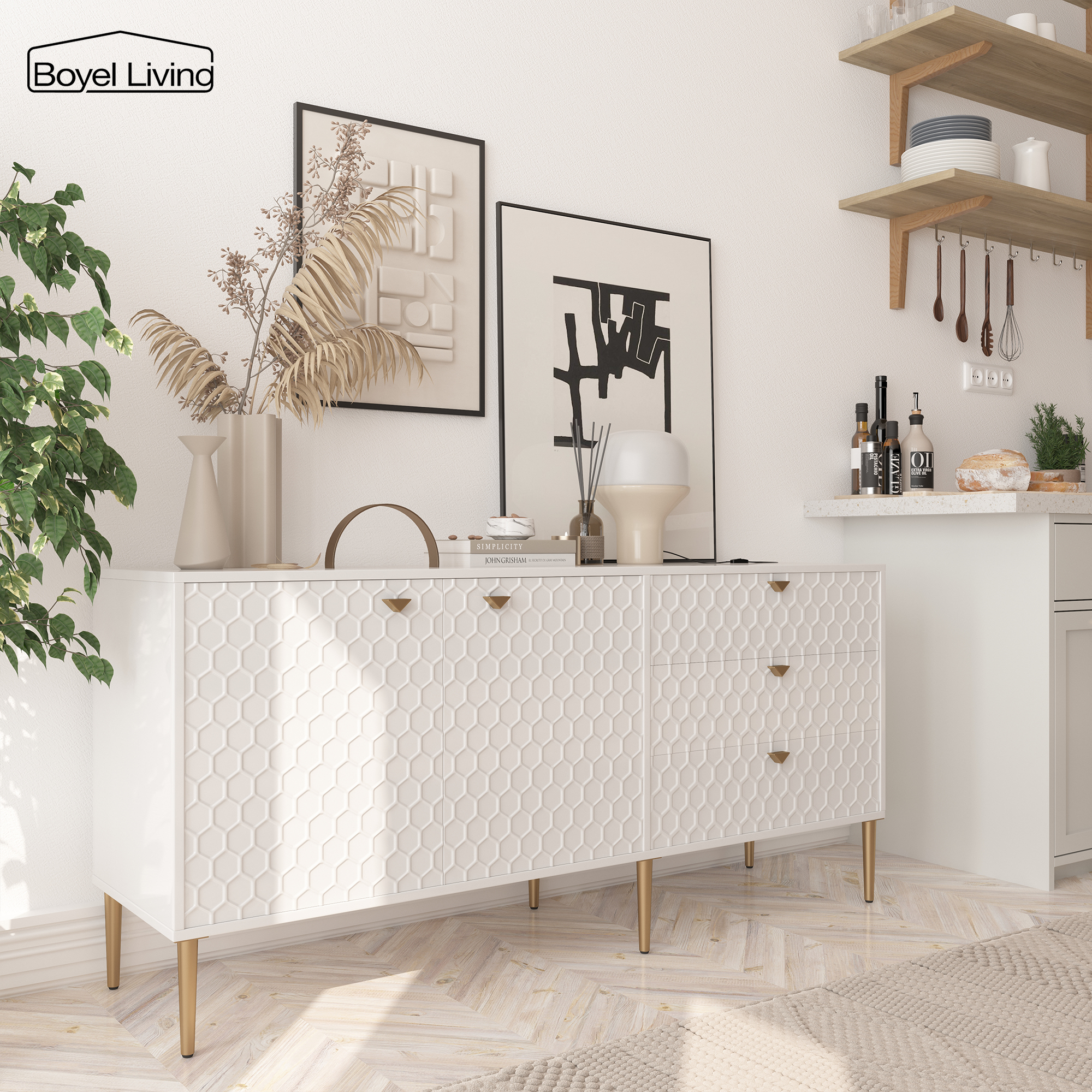 Boyel Living 2 Door Storage and 3 Drawers Three-dimensional Honeycomb Pattern TV Stands Cabinet MDF Sideboard