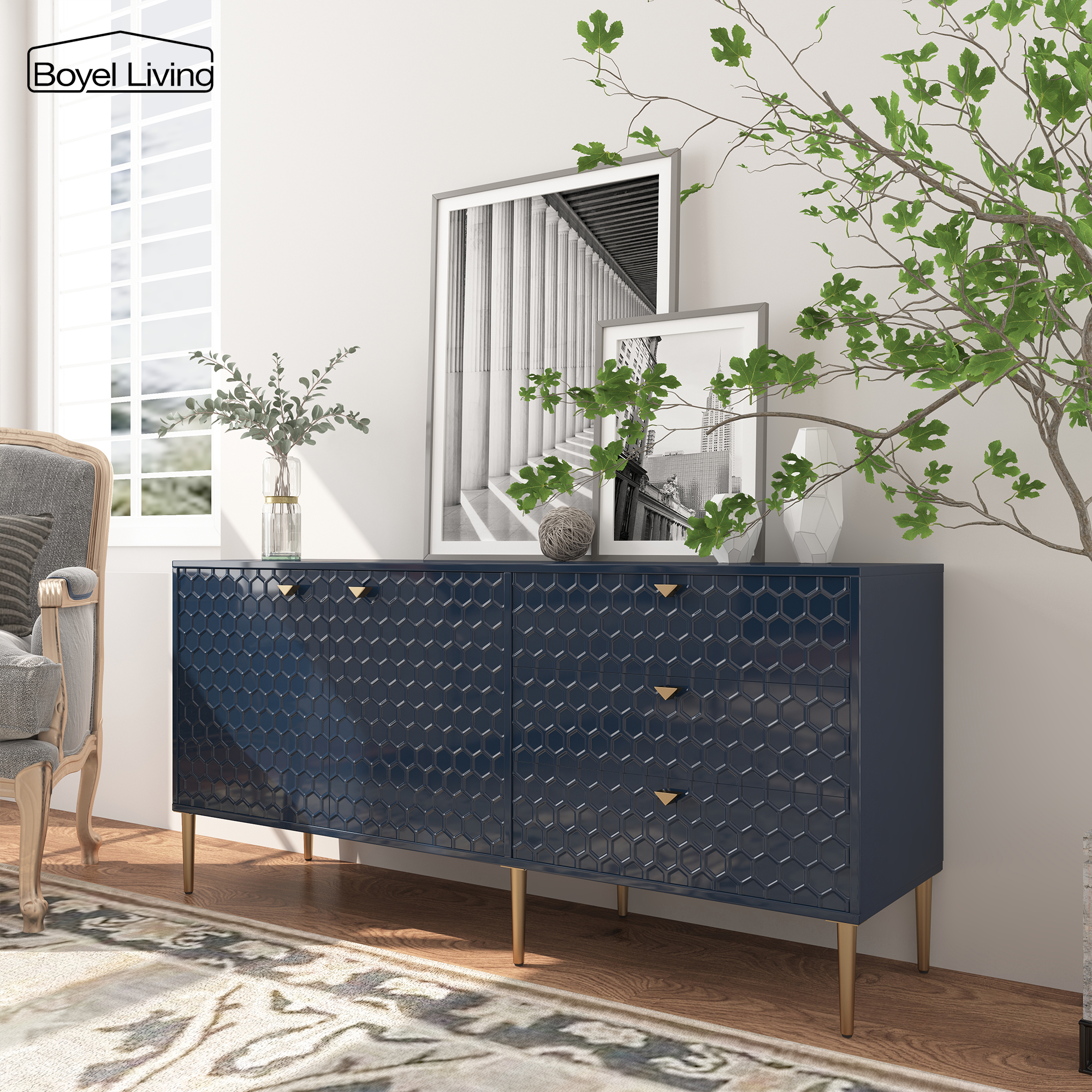 Boyel Living 2 Door Storage and 3 Drawers Three-dimensional Honeycomb Pattern TV Stands Cabinet MDF Sideboard