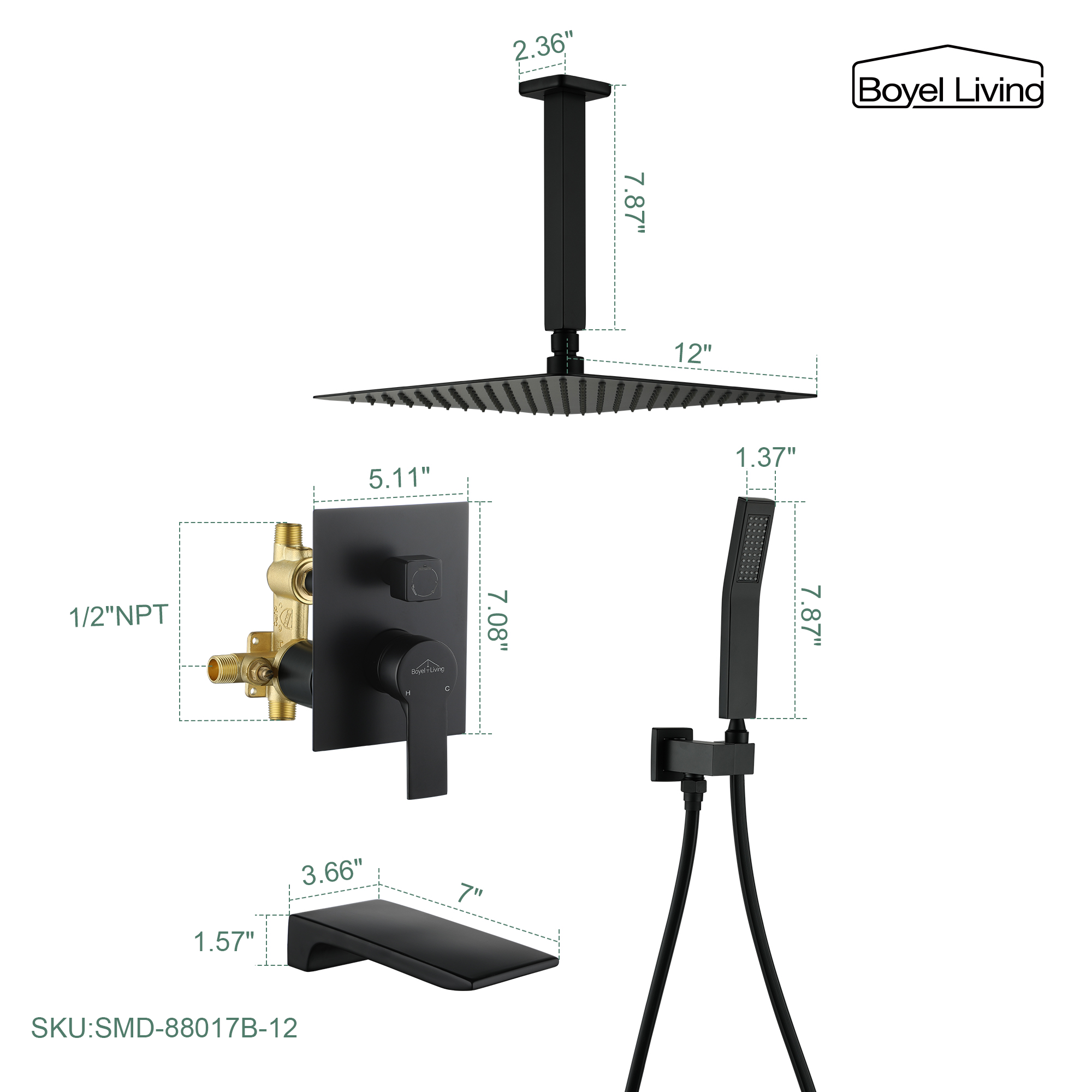 Ceiling Mount Single-Handle 1-Spray Tub and Shower Faucet with 12 in. Fixed Shower Head in Matte Black (Valve Included)