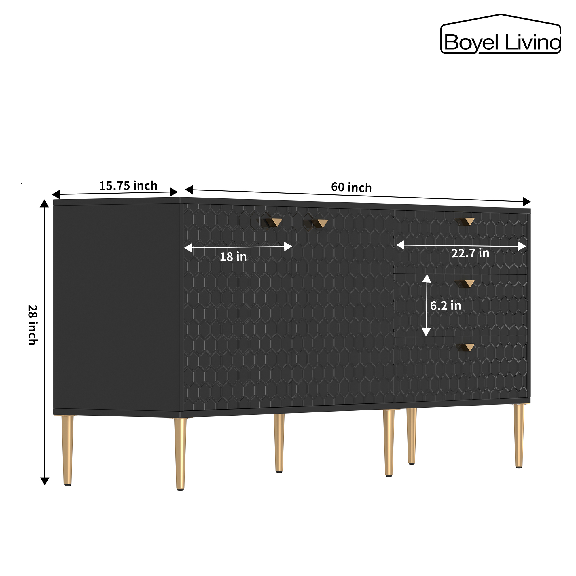 Boyel Living 2 Door Storage and 3 Drawers Three-dimensional Honeycomb Pattern TV Stands Cabinet MDF Sideboard