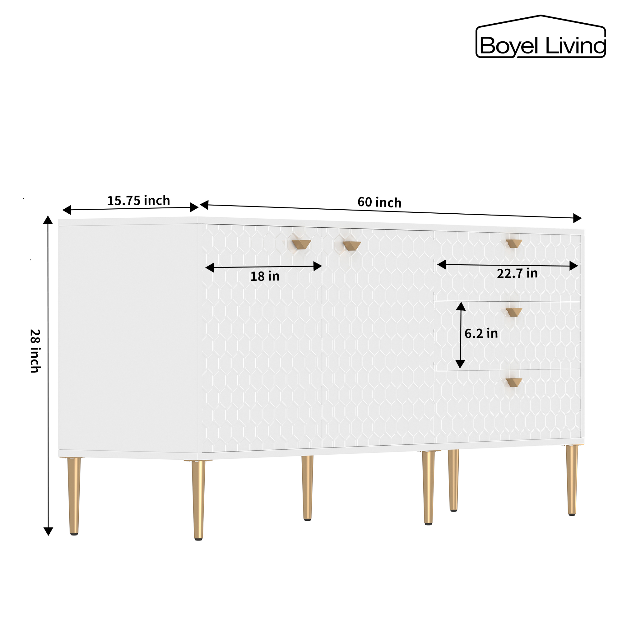 Boyel Living 2 Door Storage and 3 Drawers Three-dimensional Honeycomb Pattern TV Stands Cabinet MDF Sideboard