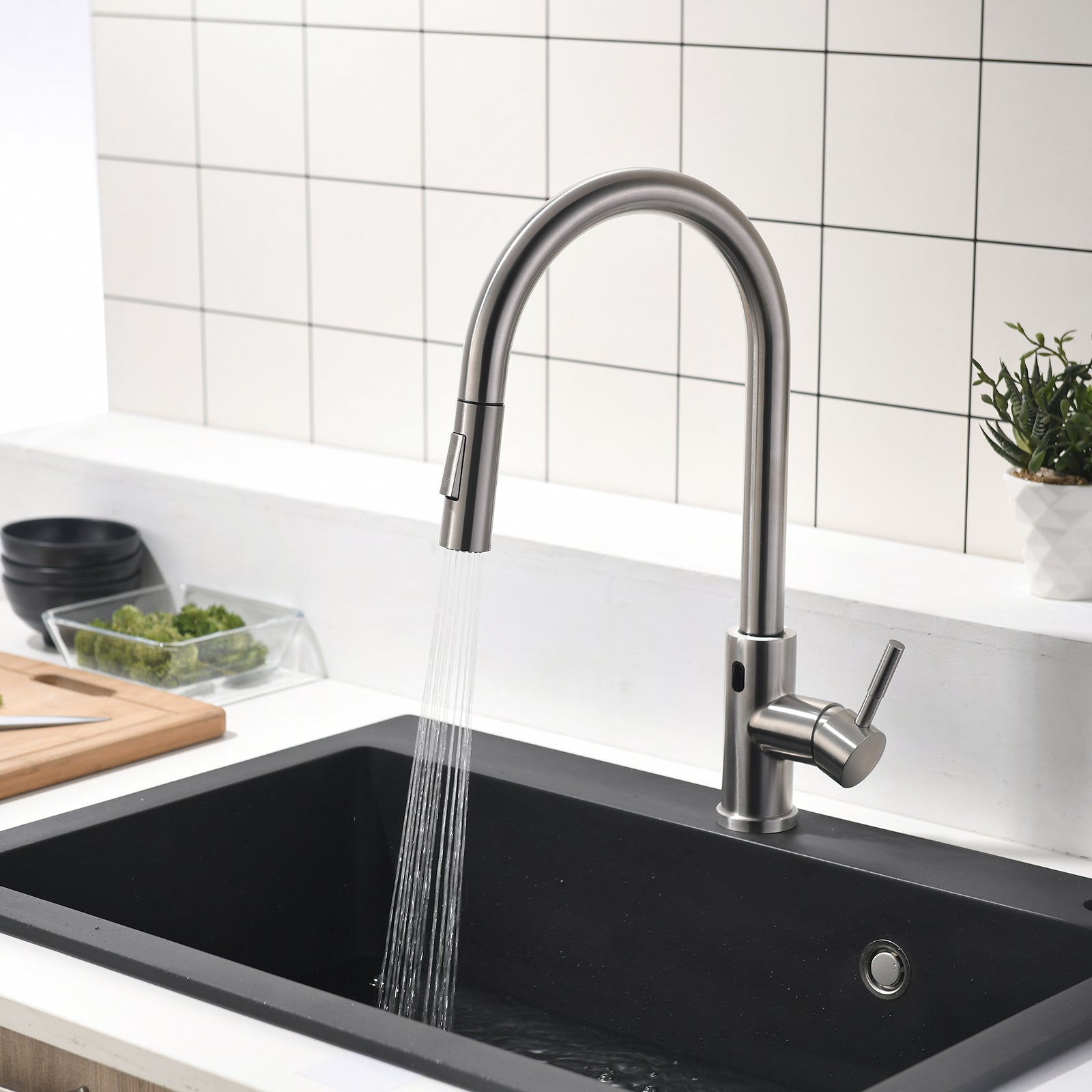 Single-Handle Touchless Pull-Out Sprayer Kitchen Faucet with Water Supply Lines in Brushed Nickel( Deckplate and Batteries Not Included )-Boyel Living