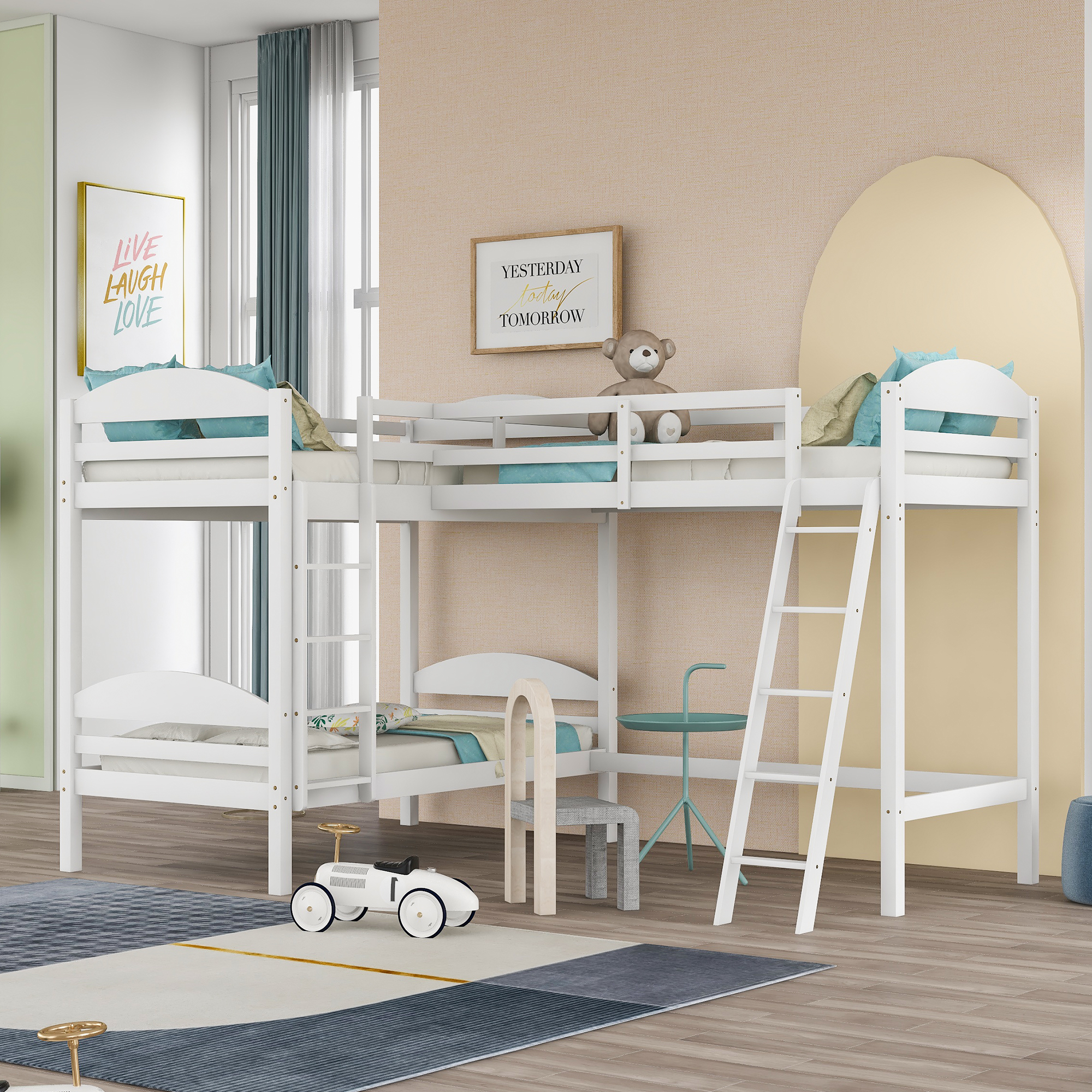 Twin L-Shaped Bunk Bed and Loft Bed - White-Boyel Living