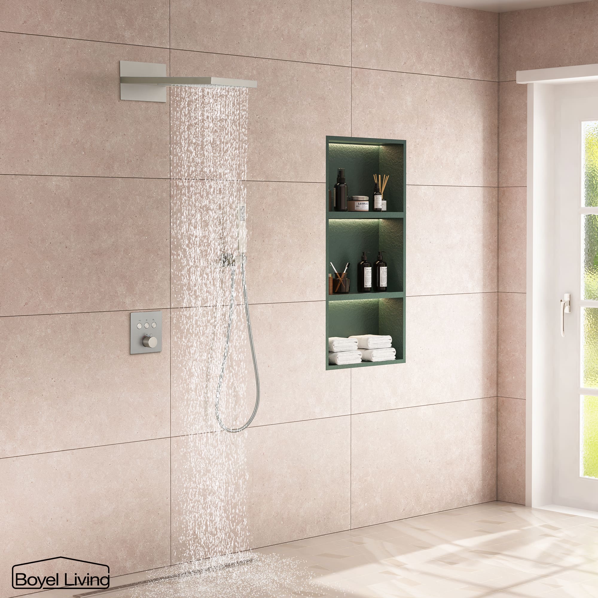 Boyel Living Rainfall & Waterfall 2 GPM 10 in. Wall Mount Dual Shower Heads System with Handheld Shower and Pressure Balance Valve-Boyel Living