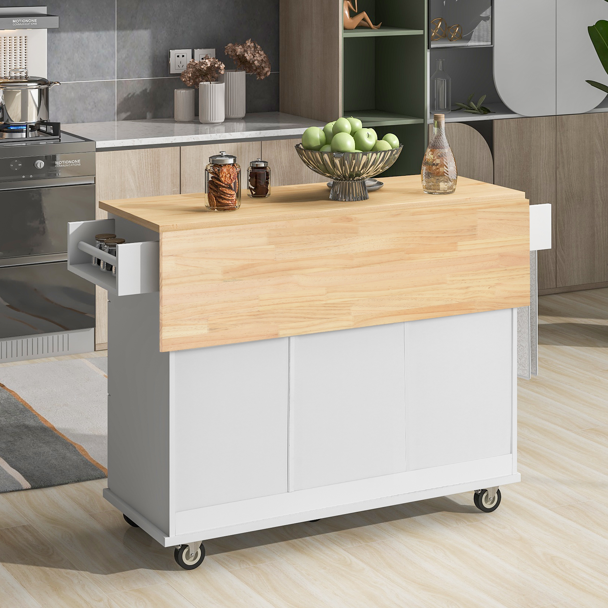 Rolling Mobile Kitchen Island with Solid Wood Top and Locking Wheels，52.7 Inch Width，Storage Cabinet and Drop Leaf Breakfast Bar，Spice Rack, Towel Rack  Drawer （White）-Boyel Living