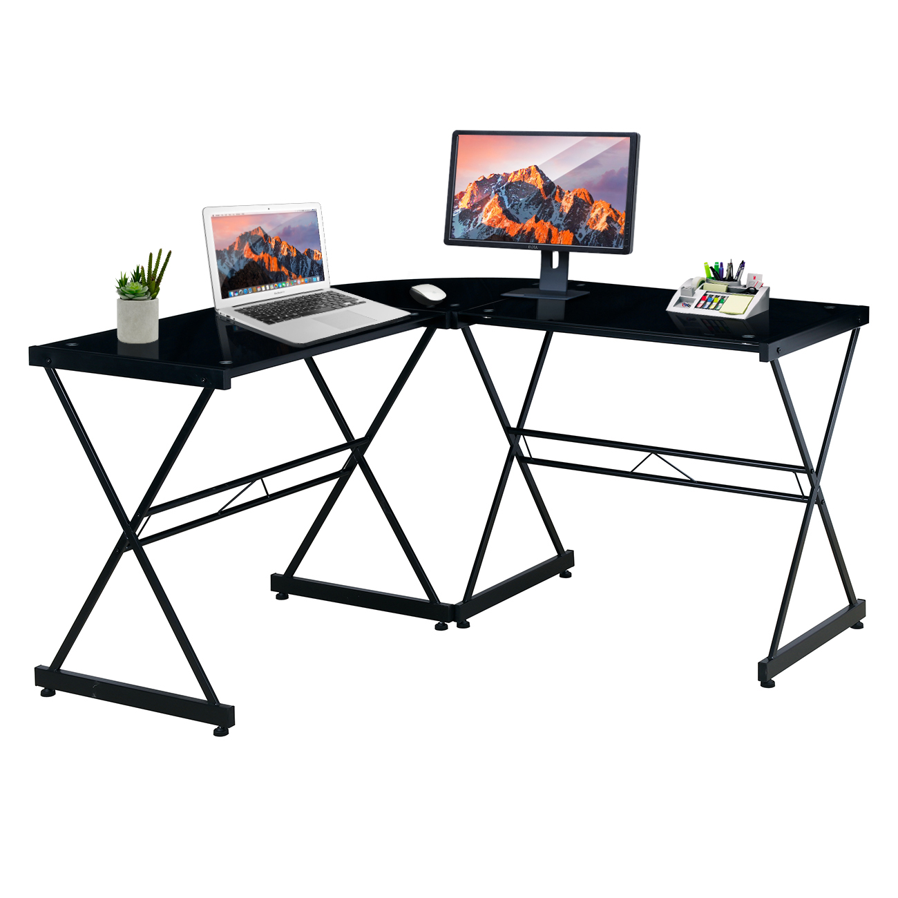 Techni Mobili L-Shaped Glass Computer Desk, Black-Boyel Living