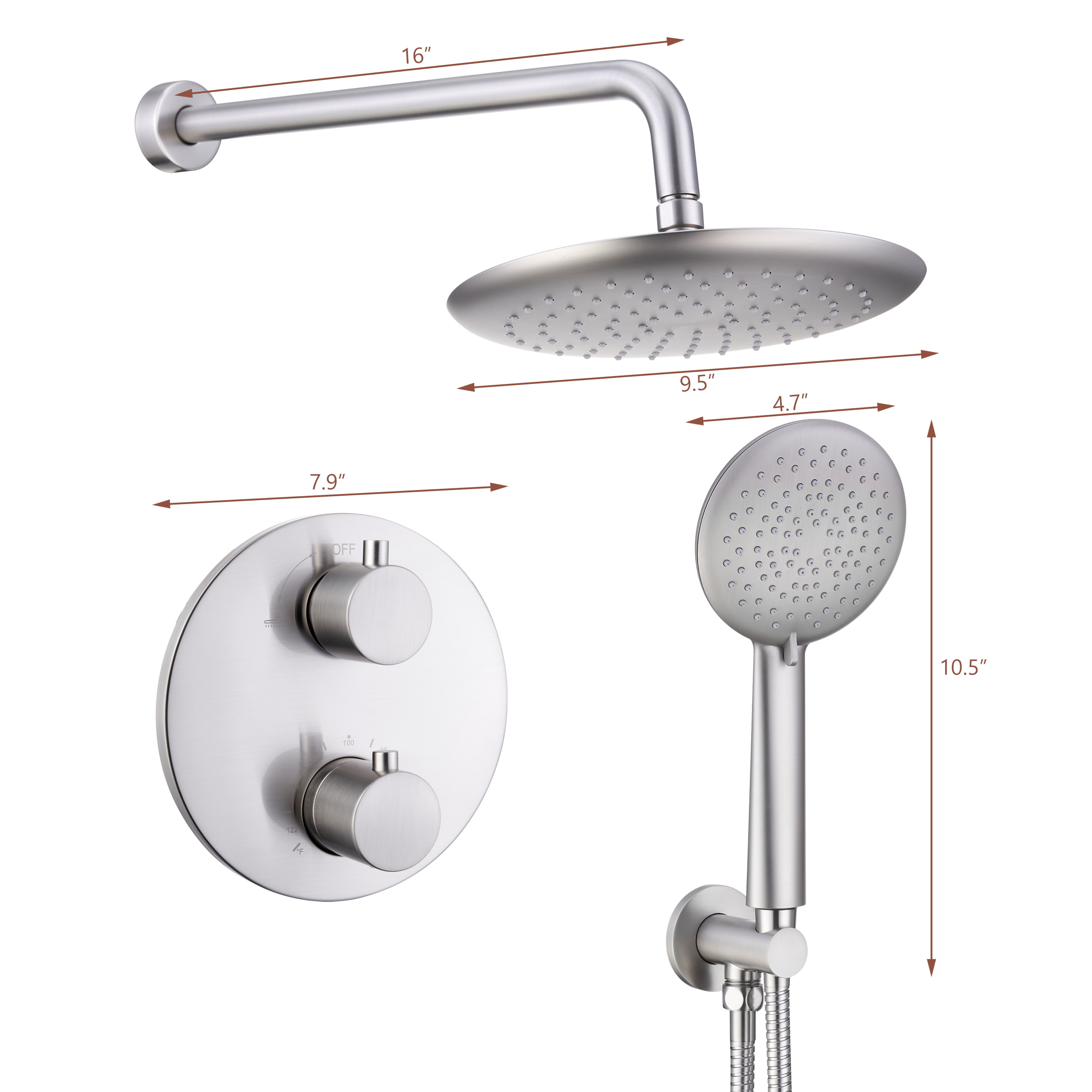 Wall Mount Thermostatic Round Rain Shower System with 5 Spray Patterns Handheld Shower in Brushed Nickel-Boyel Living