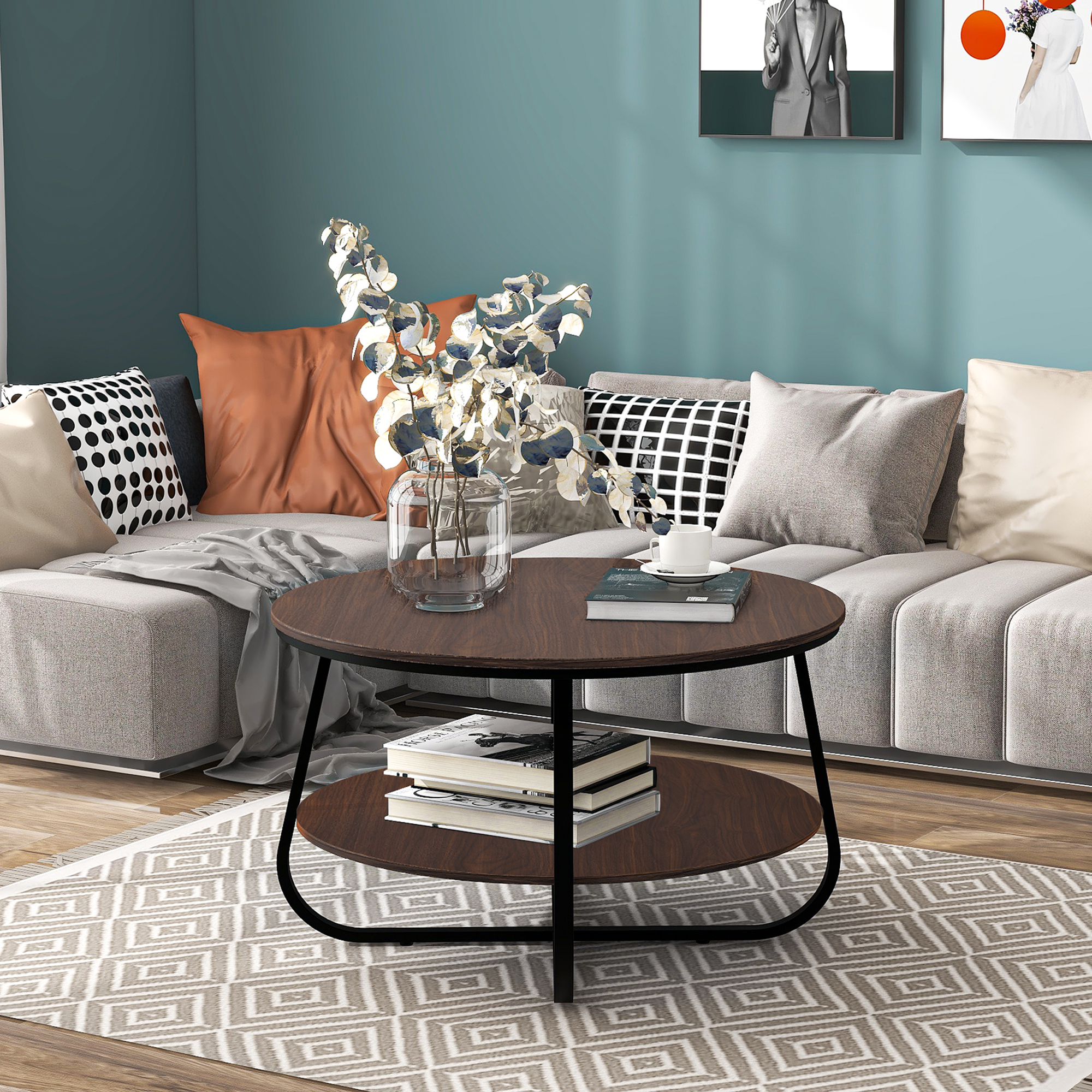 Round Modern Coffee Table Cocktail Table Industrial Design with Crossed Leg for Livingroom (Brown)-Boyel Living