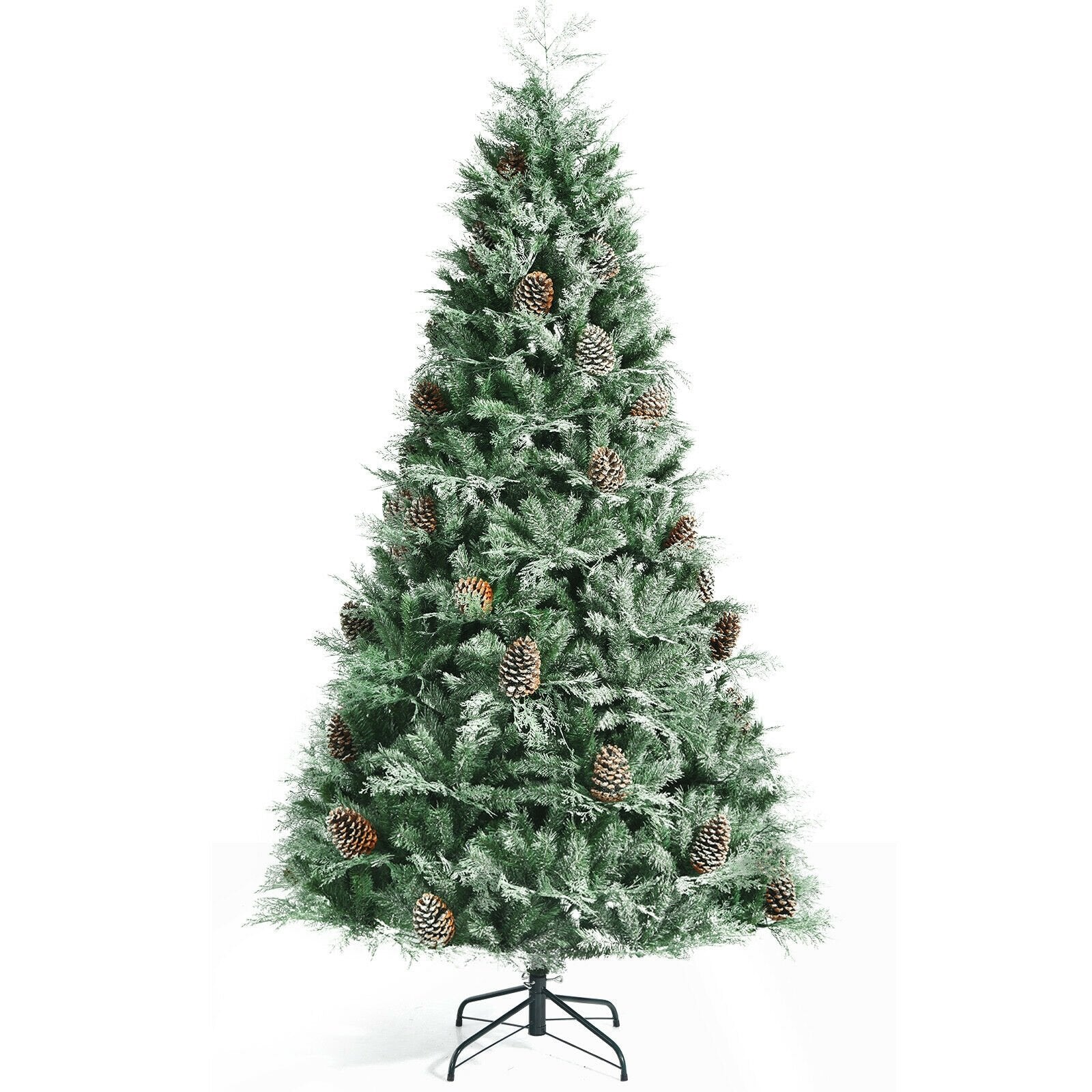 8 Feet Snow Flocked Hinged Christmas Tree with 1651 Branch Tips and Pine Cones-Boyel Living