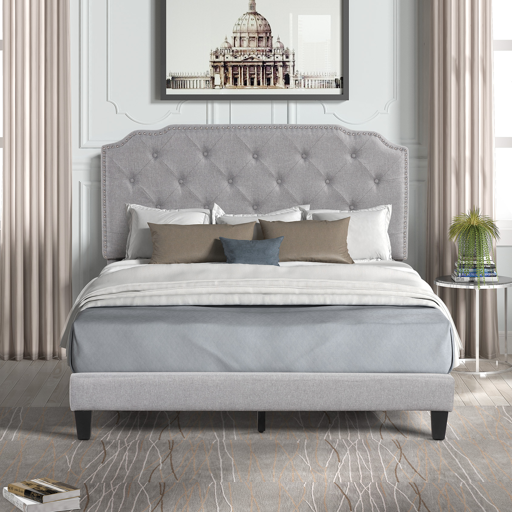 Queen Size Bed Frame with Headboard Button Tufted, Modern Upholstered Platform Bed with Strong Wood Slat/No Box Spring Needed/Easy Assembly, Light Gray-Boyel Living