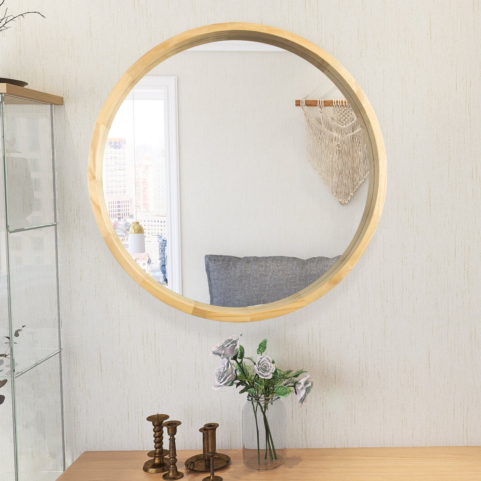 Circle Mirror with Wood Frame, Round Modern Decoration Large Mirror for Bathroom Living Room Bedroom Entryway, Walnut Natural, 30"-Boyel Living