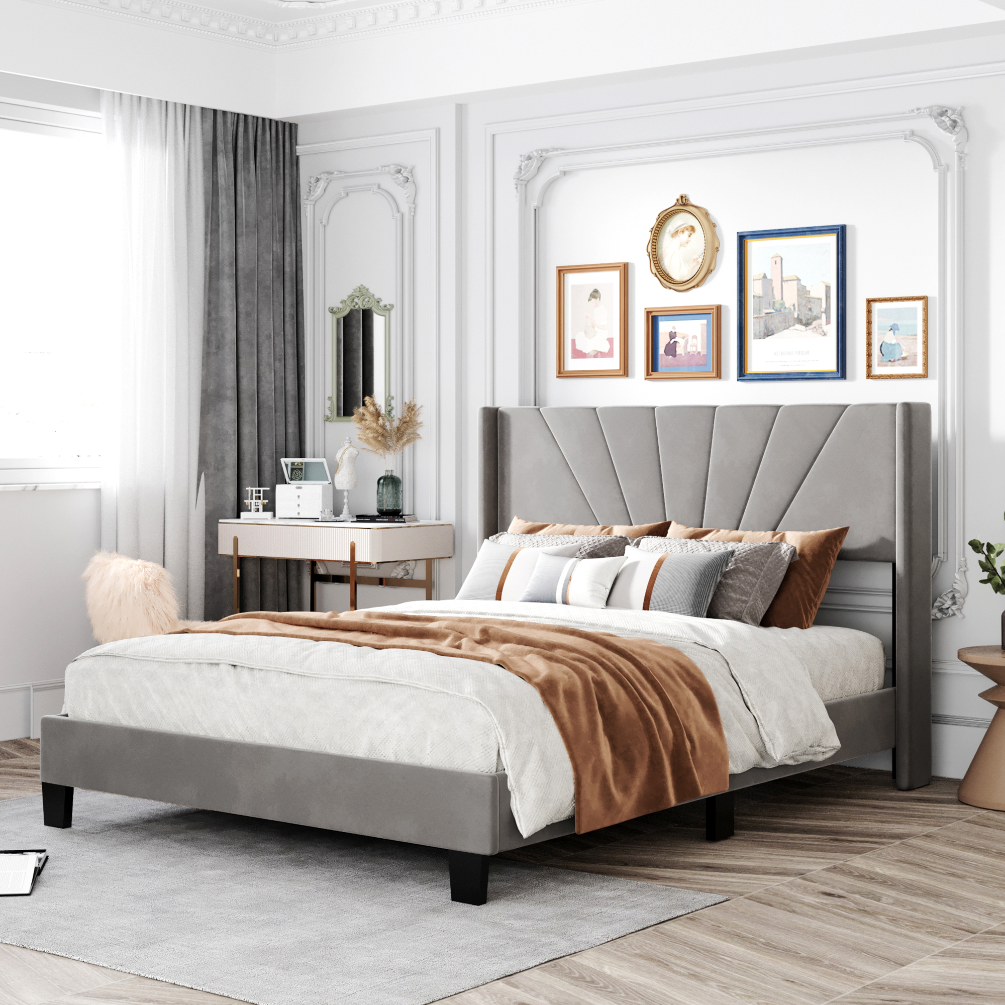 Queen Size Velvet Upholstered Platform Bed, Box Spring Needed - Gray-Boyel Living