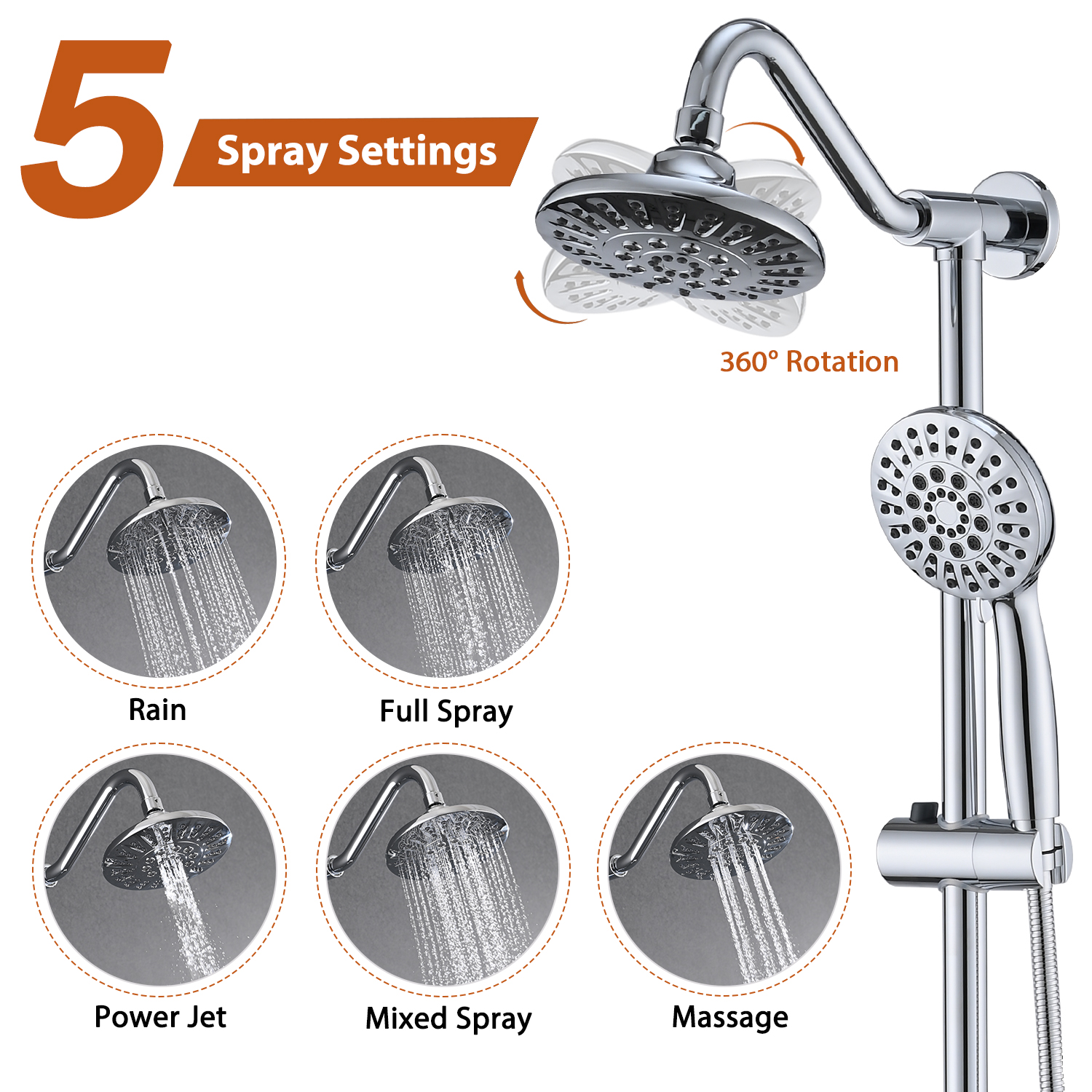 360 Degree Shower Head System with 5 Sprays Setting