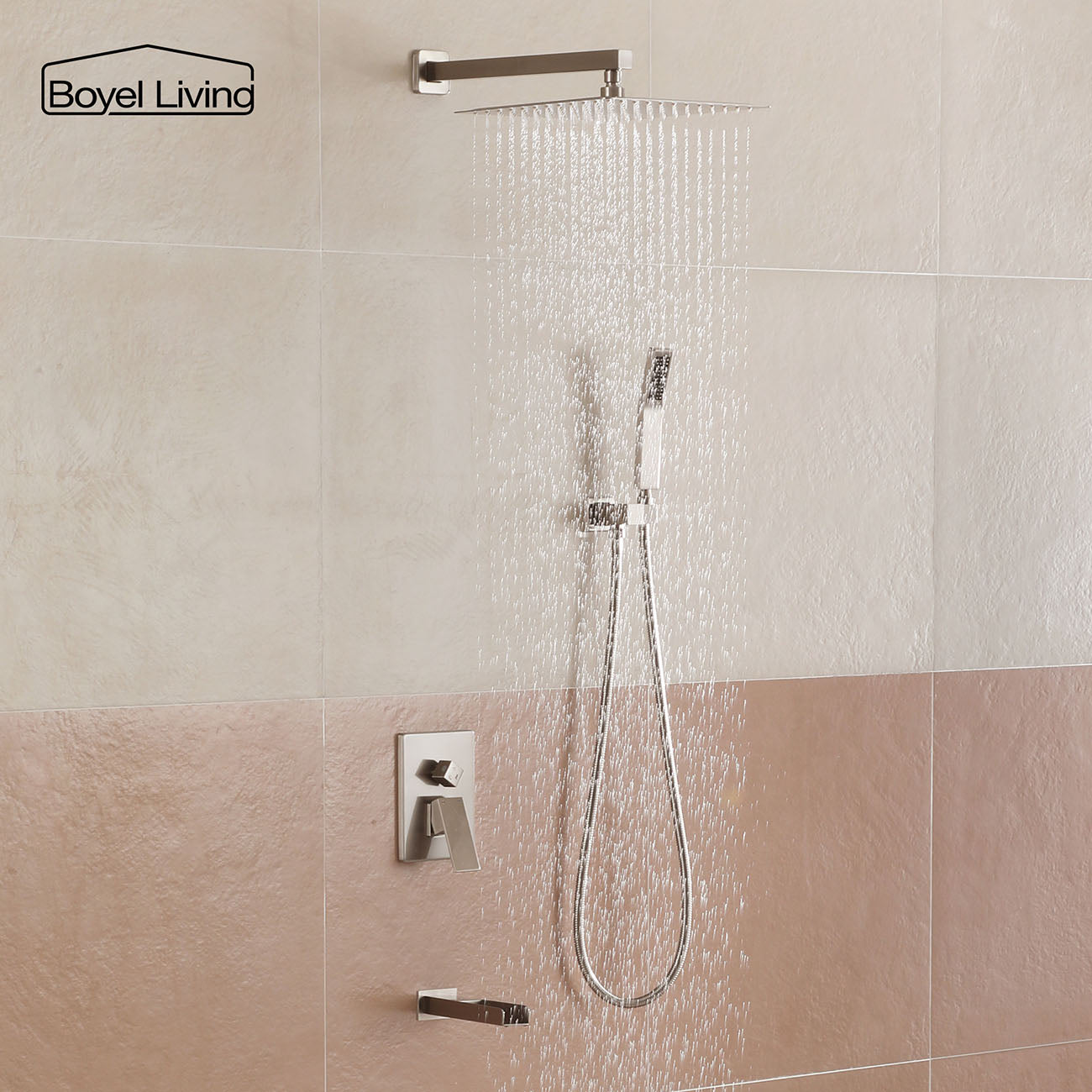Boyel Living Rain Shower System with Handheld and Waterfall Tub Spout in Brushed Nickel-Boyel Living