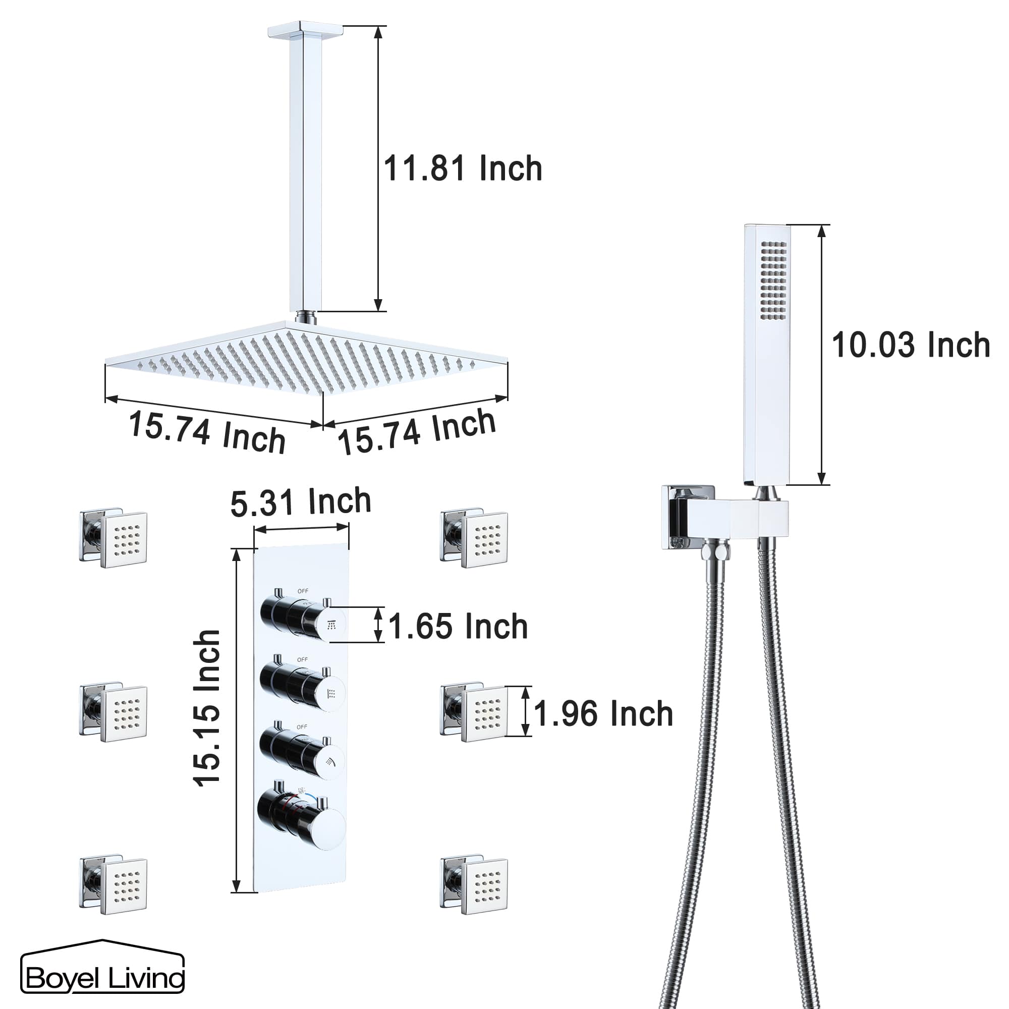 Boyel Living Luxury 6 Jets Thermostatic Shower System Combo Set with Ceiling Rainfall Shower Head and Handshower-Boyel Living