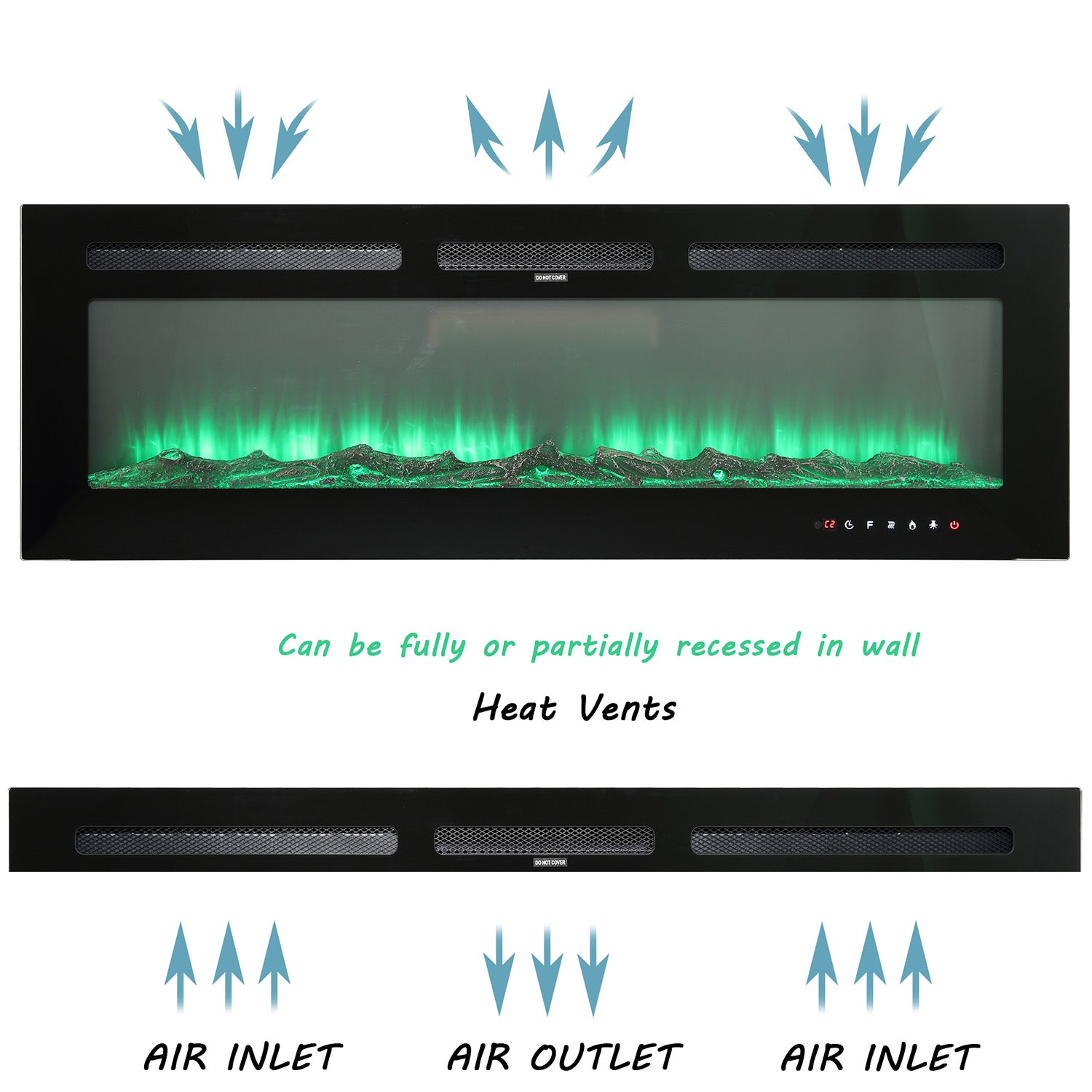 Boyel Living Electric Wall Mounted Recessed Fireplace with Remote 1500/750 Watt in Black, 30/36/40/50/60 in.-Boyel Living