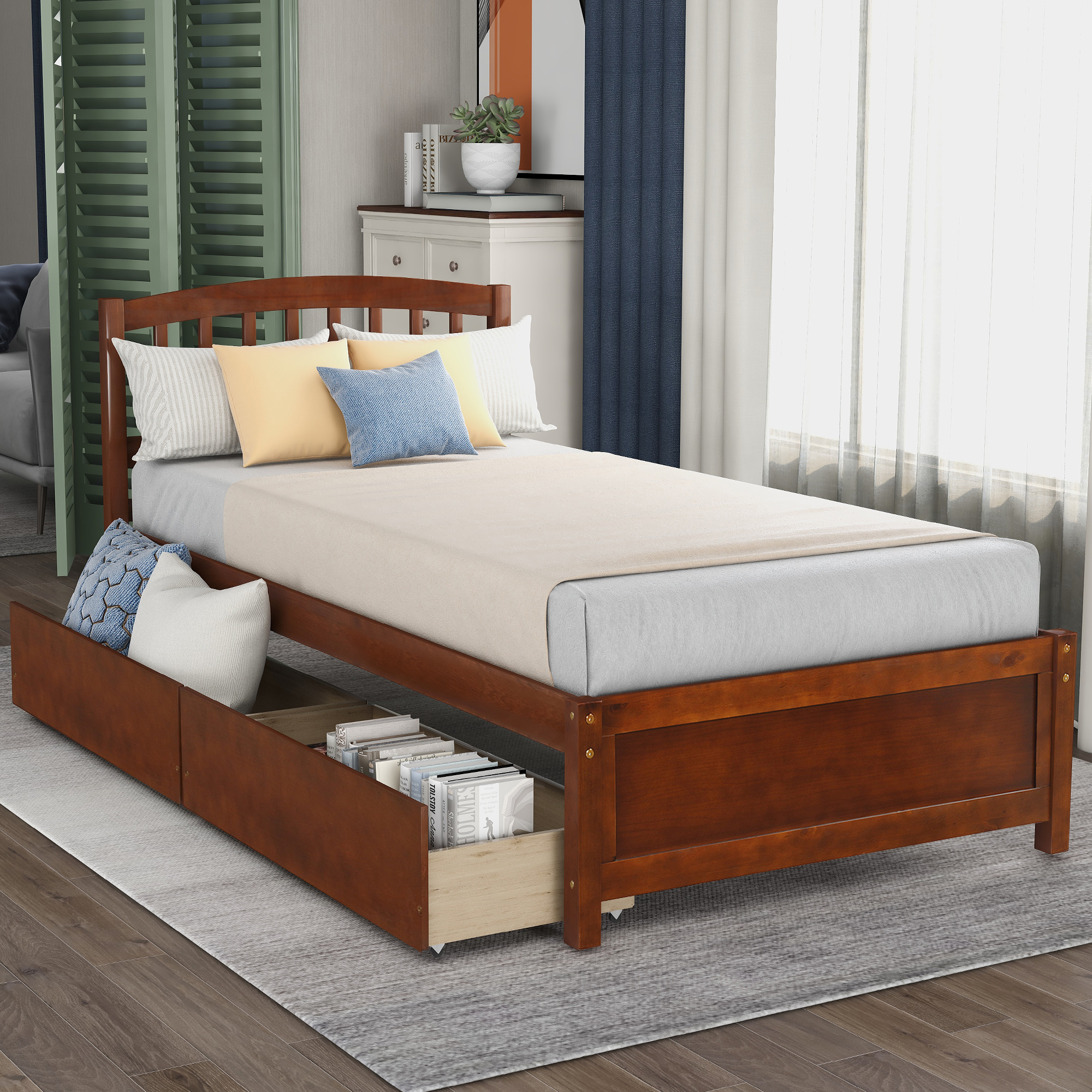 Twin Platform Storage Bed Wood Bed Frame with Two Drawers and Headboard, Walnut（Previous SKU: SF000062DAA）-Boyel Living