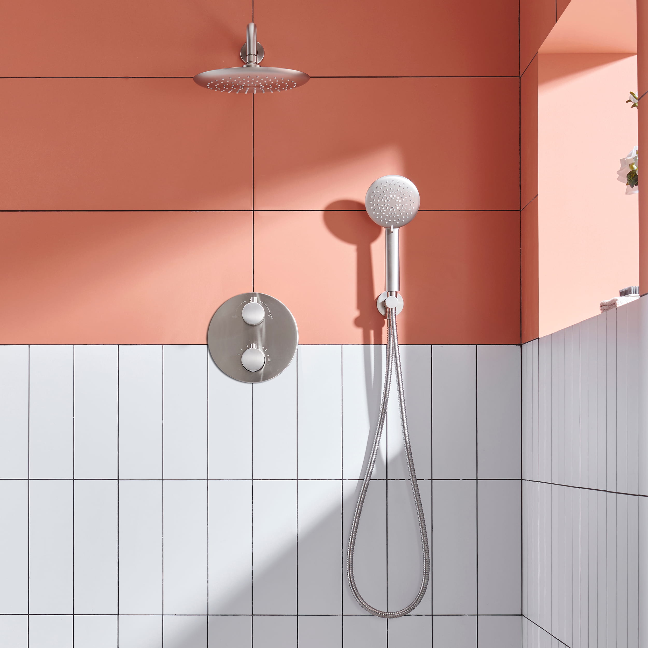 Wall Mount Thermostatic Round Rain Shower System with 5 Spray Patterns Handheld Shower in Brushed Nickel-Boyel Living