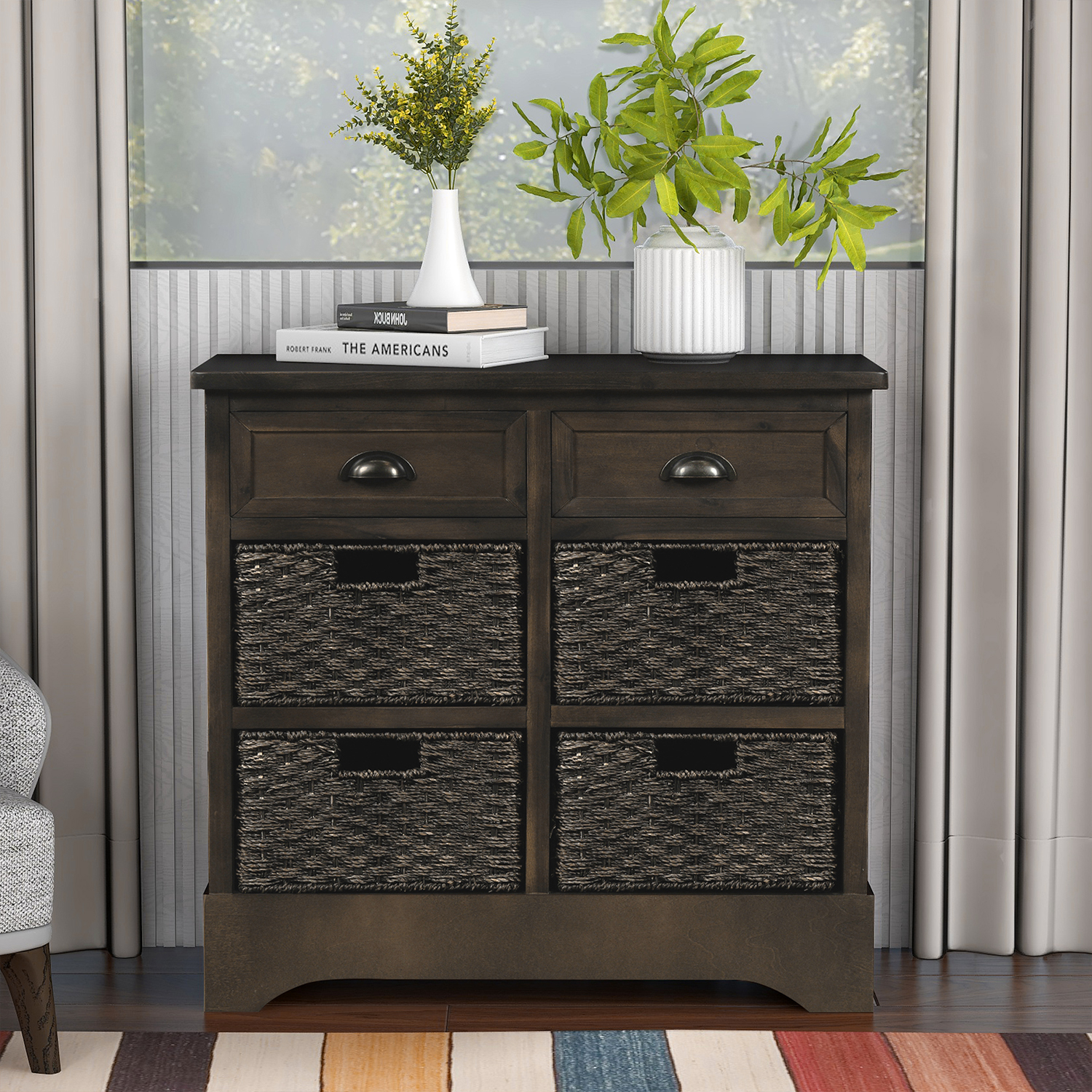 Rustic Storage Cabinet with Two Drawers and Four  Classic Rattan Basket for Dining Room/Living Room (Brown Gray)-Boyel Living