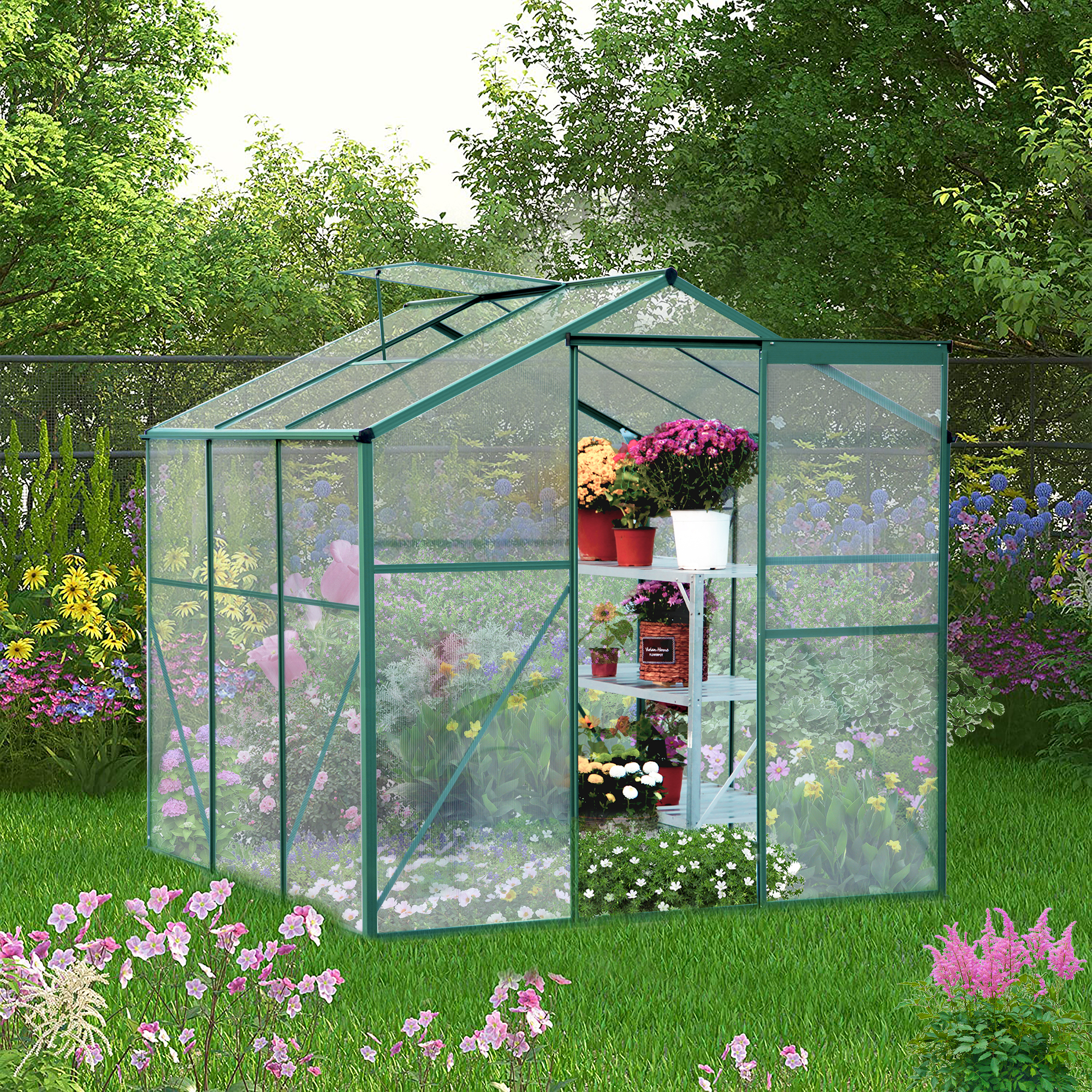 Polycarbonate Walk-in Garden Greenhouse for Flowers in Winter… 4 x 6 x 6.8 FT Outdoor Stable Green House with Adjustable Roof Vent and Rain Gutter for Plants 